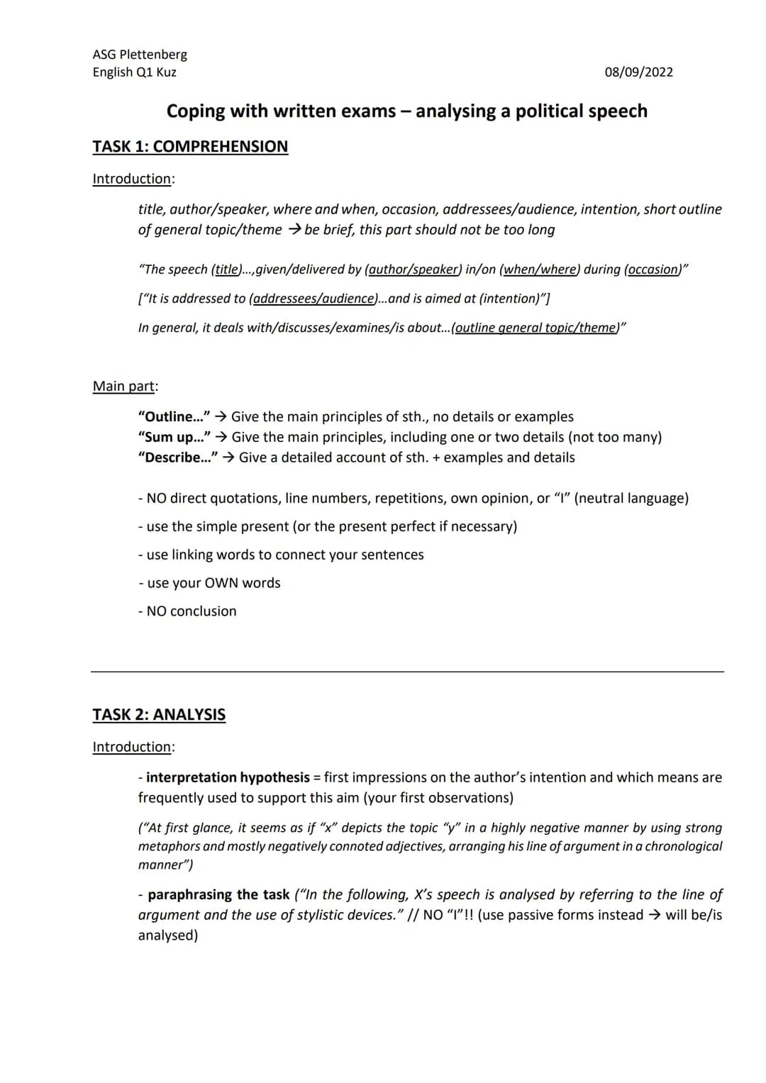 ASG Plettenberg
English Q1 Kuz
TASK 1: COMPREHENSION
Introduction:
08/09/2022
Coping with written exams - analysing a political speech
title