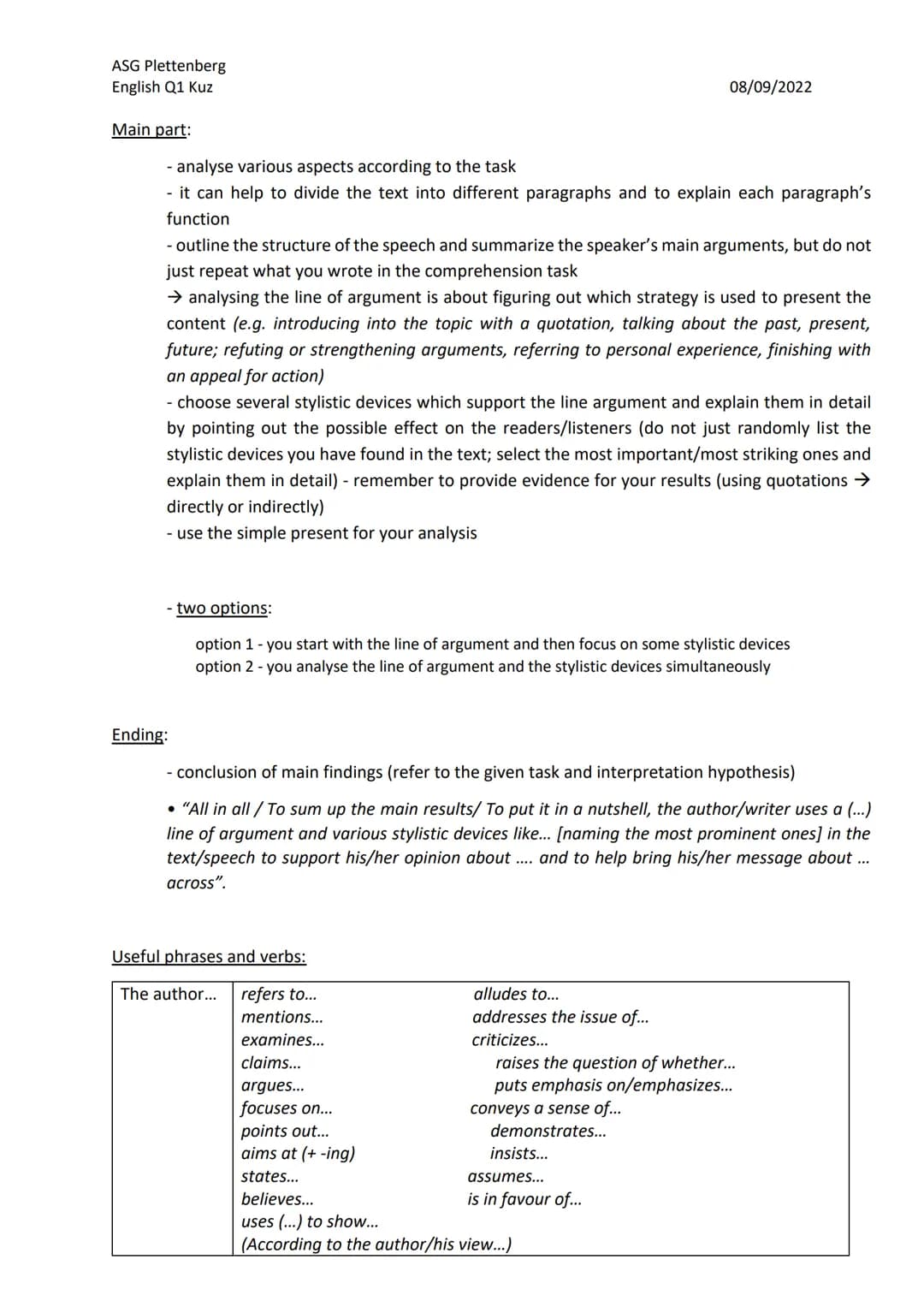 ASG Plettenberg
English Q1 Kuz
TASK 1: COMPREHENSION
Introduction:
08/09/2022
Coping with written exams - analysing a political speech
title
