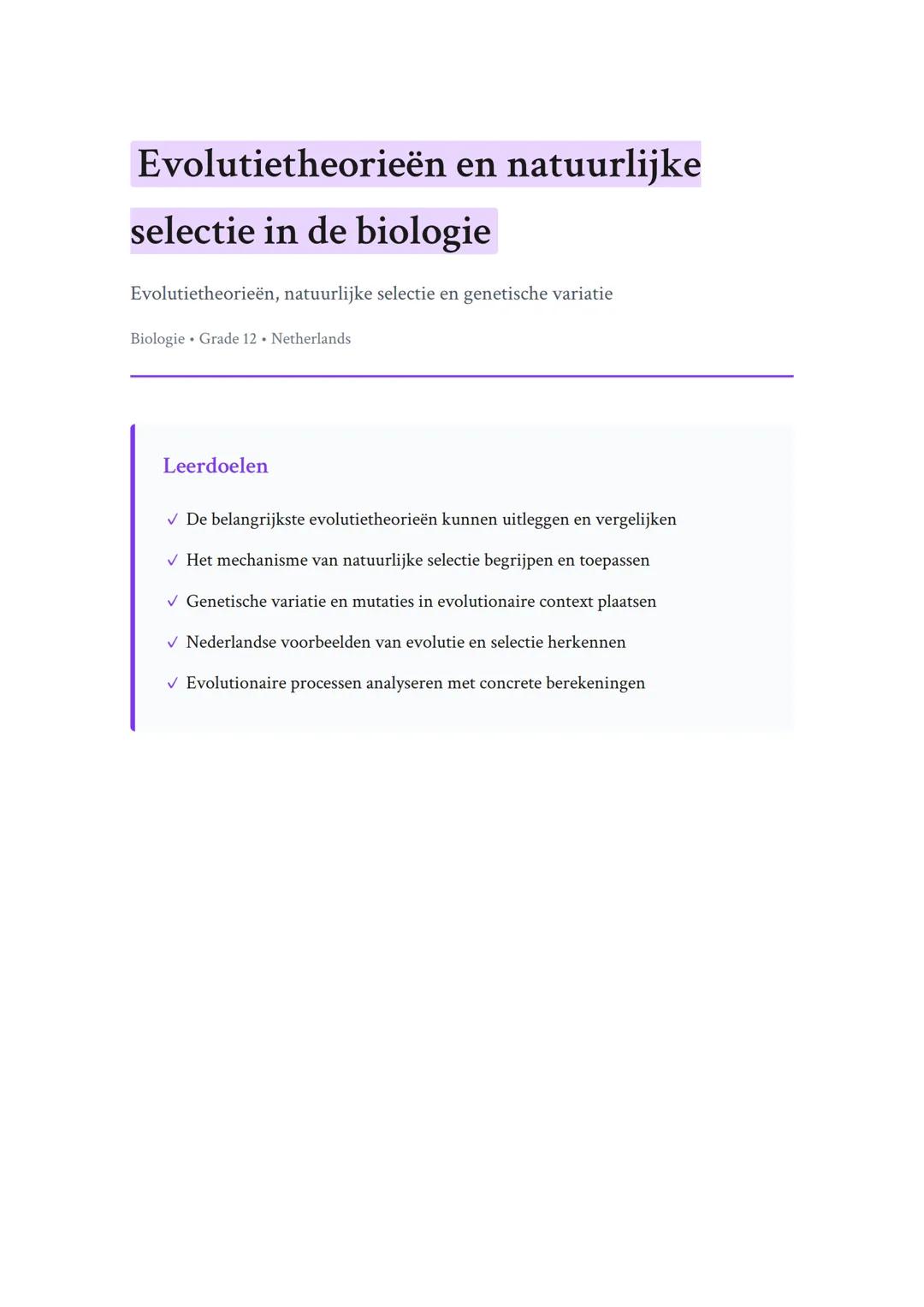 Evolutietheorieën en natuurlijke
selectie in de biologie
Evolutietheorieën, natuurlijke selectie en genetische variatie
Biologie • Grade 12 