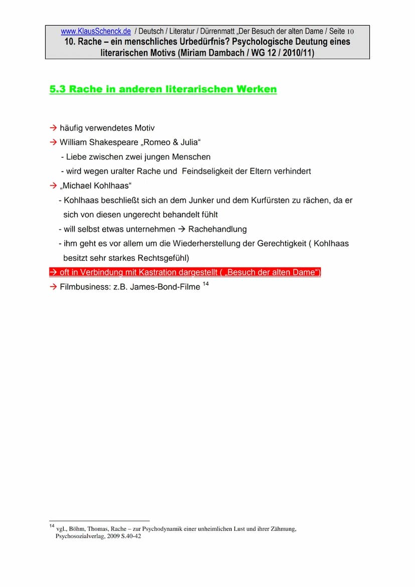 www.KlausSchenck.de / Deutsch / Literatur / Dürrenmatt ,,Der Besuch der alten Dame / Seite 1
10. Rache - ein menschliches Urbedürfnis? Psych
