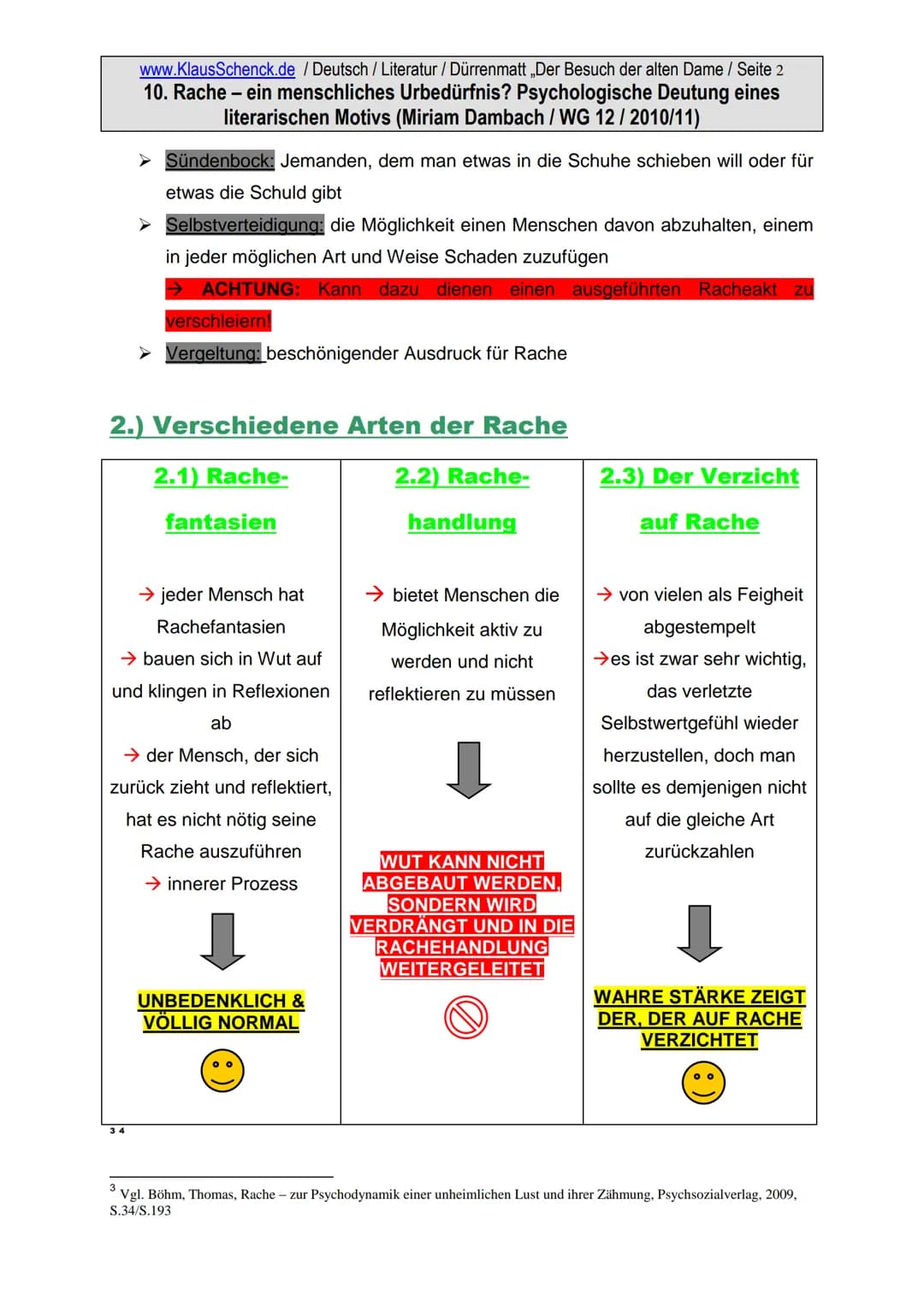 www.KlausSchenck.de / Deutsch / Literatur / Dürrenmatt ,,Der Besuch der alten Dame / Seite 1
10. Rache - ein menschliches Urbedürfnis? Psych