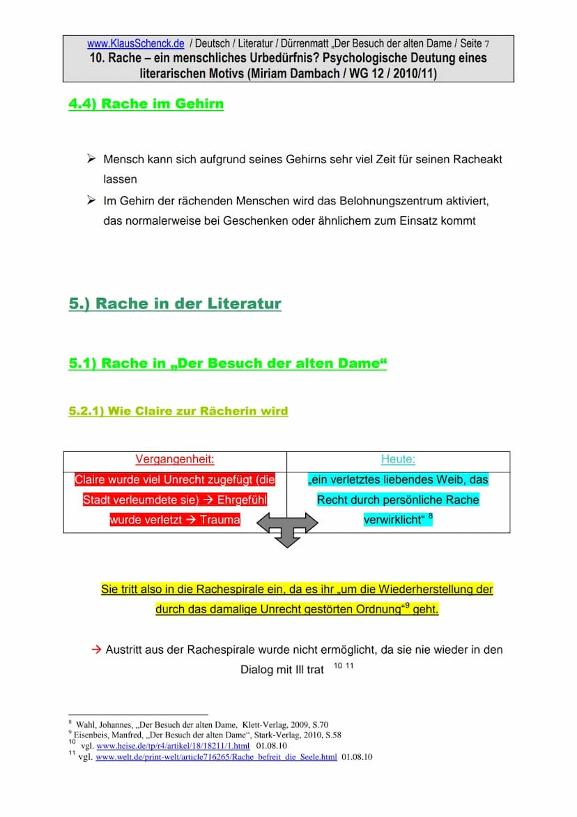 www.KlausSchenck.de / Deutsch / Literatur / Dürrenmatt ,,Der Besuch der alten Dame / Seite 1
10. Rache - ein menschliches Urbedürfnis? Psych