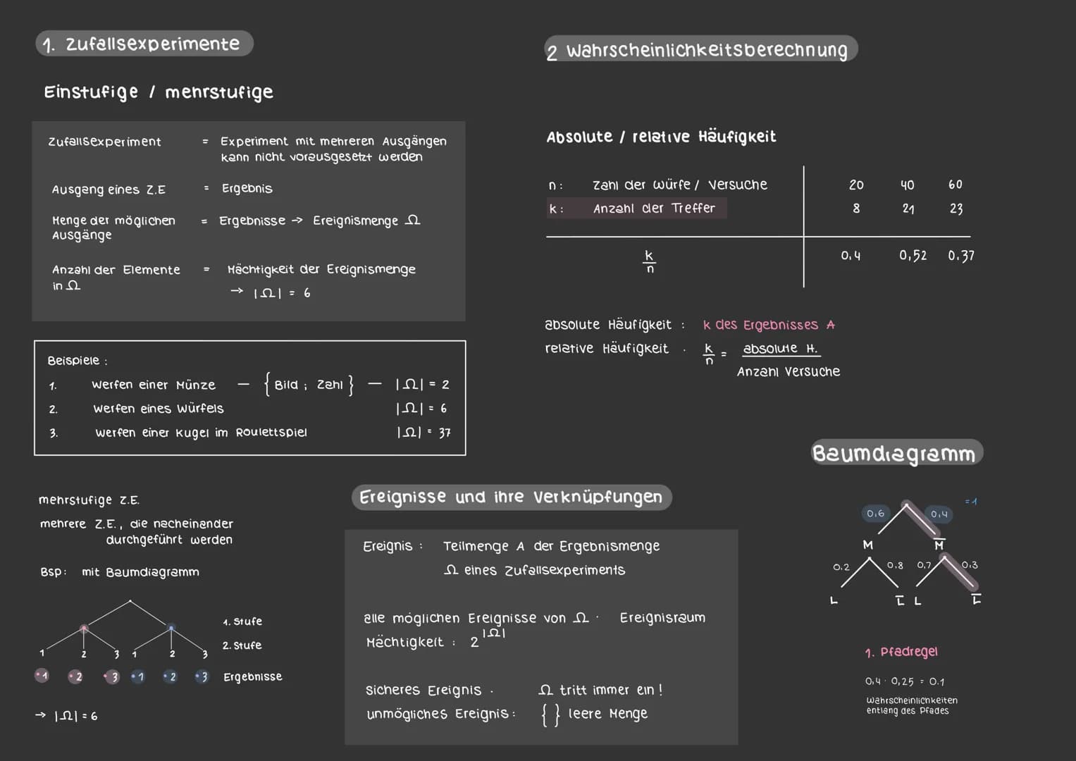 3 Baumdiagramm und Pfedregeln
b)
4
A: In beiden Würfen liegt die 6 oben
P(A) =
P(B) =
STOCHASTIK
Wiederholung aus klasse 10
B: Im ersten wur