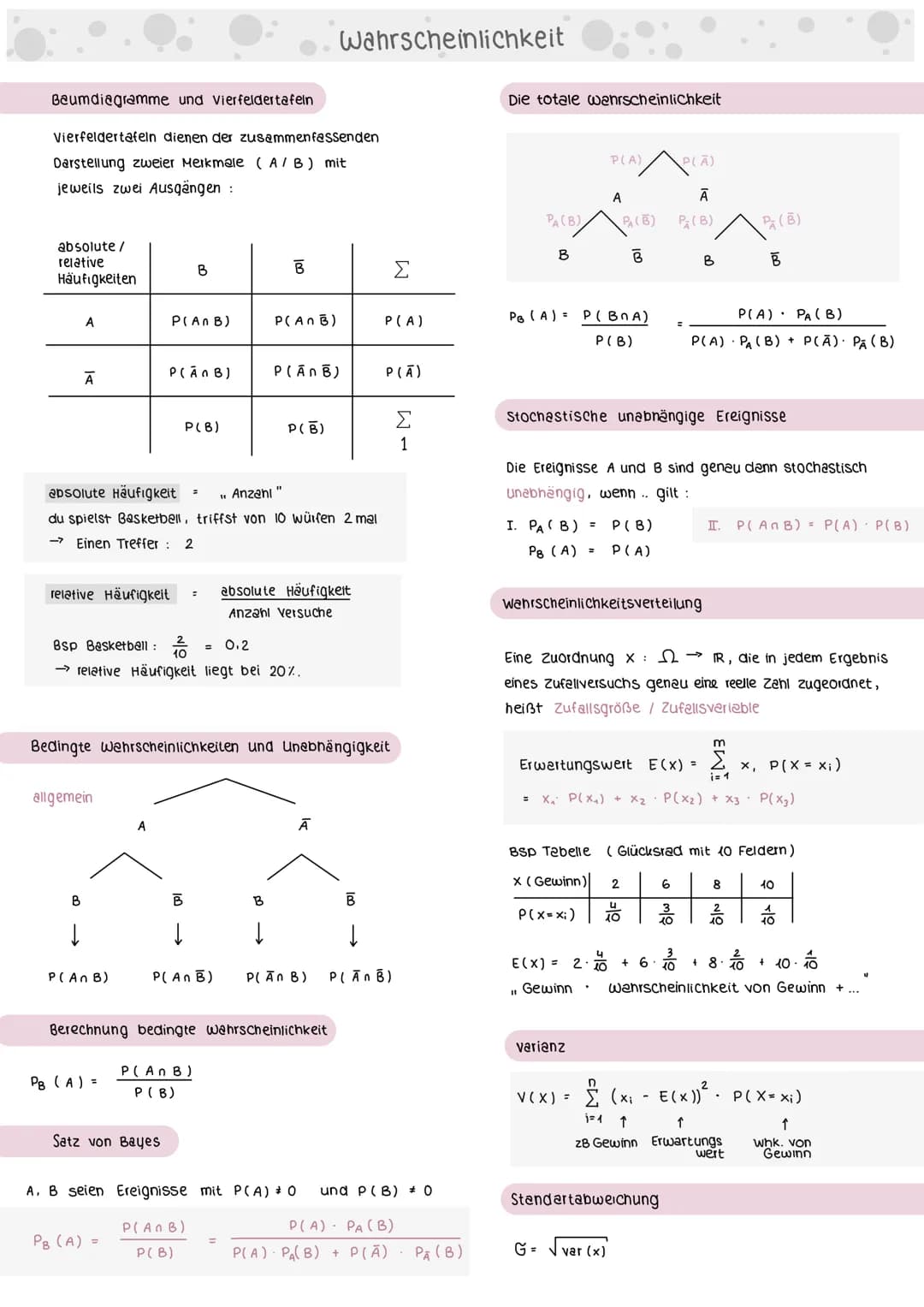 3 Baumdiagramm und Pfedregeln
b)
4
A: In beiden Würfen liegt die 6 oben
P(A) =
P(B) =
STOCHASTIK
Wiederholung aus klasse 10
B: Im ersten wur