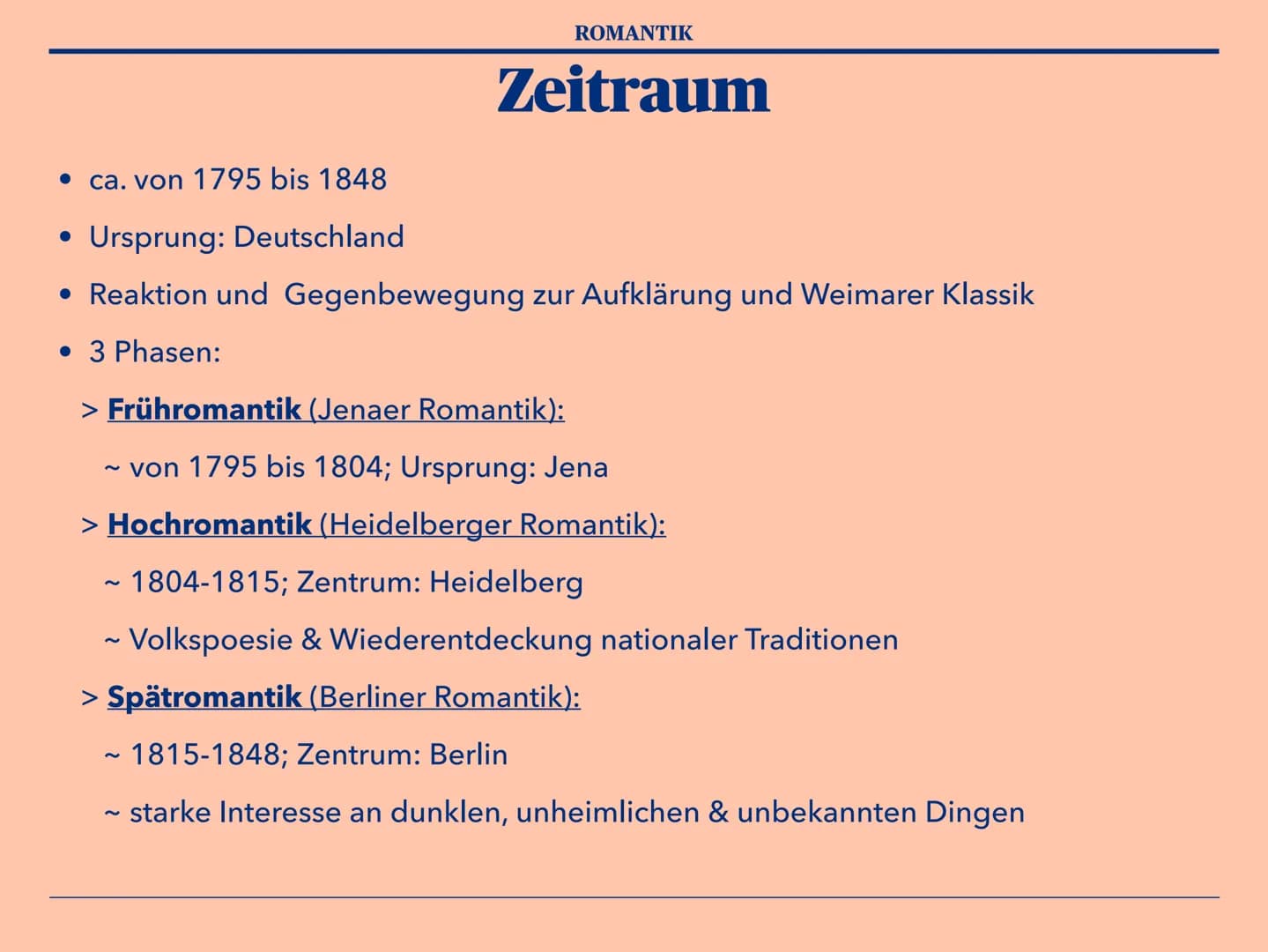 Epoche der
Romantik Gliederung
1. Definition ,,Romantik"
2. Zeitraum
3. Historischer Hintergrund
4. Weltbild
5. Themen / Motive
6. Form & Sp