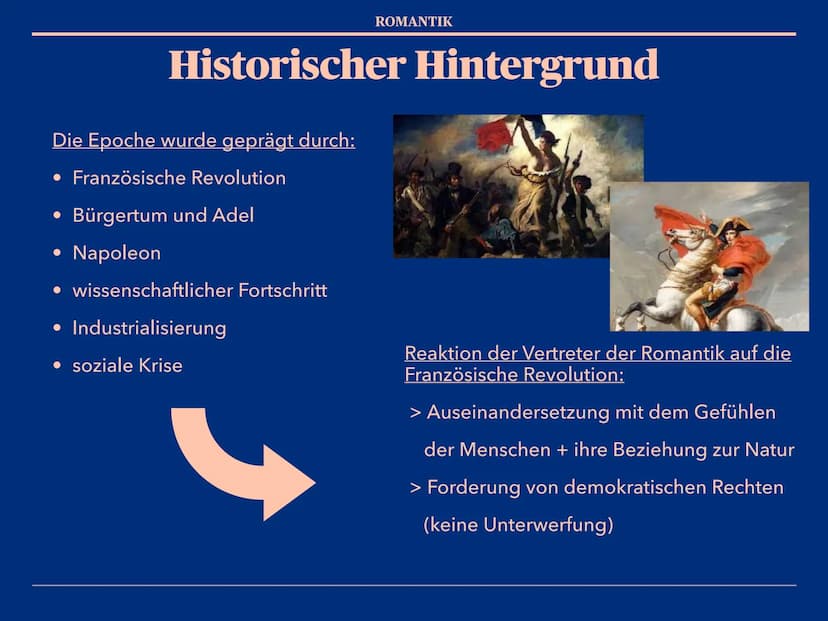 Epoche der
Romantik Gliederung
1. Definition ,,Romantik"
2. Zeitraum
3. Historischer Hintergrund
4. Weltbild
5. Themen / Motive
6. Form & Sp
