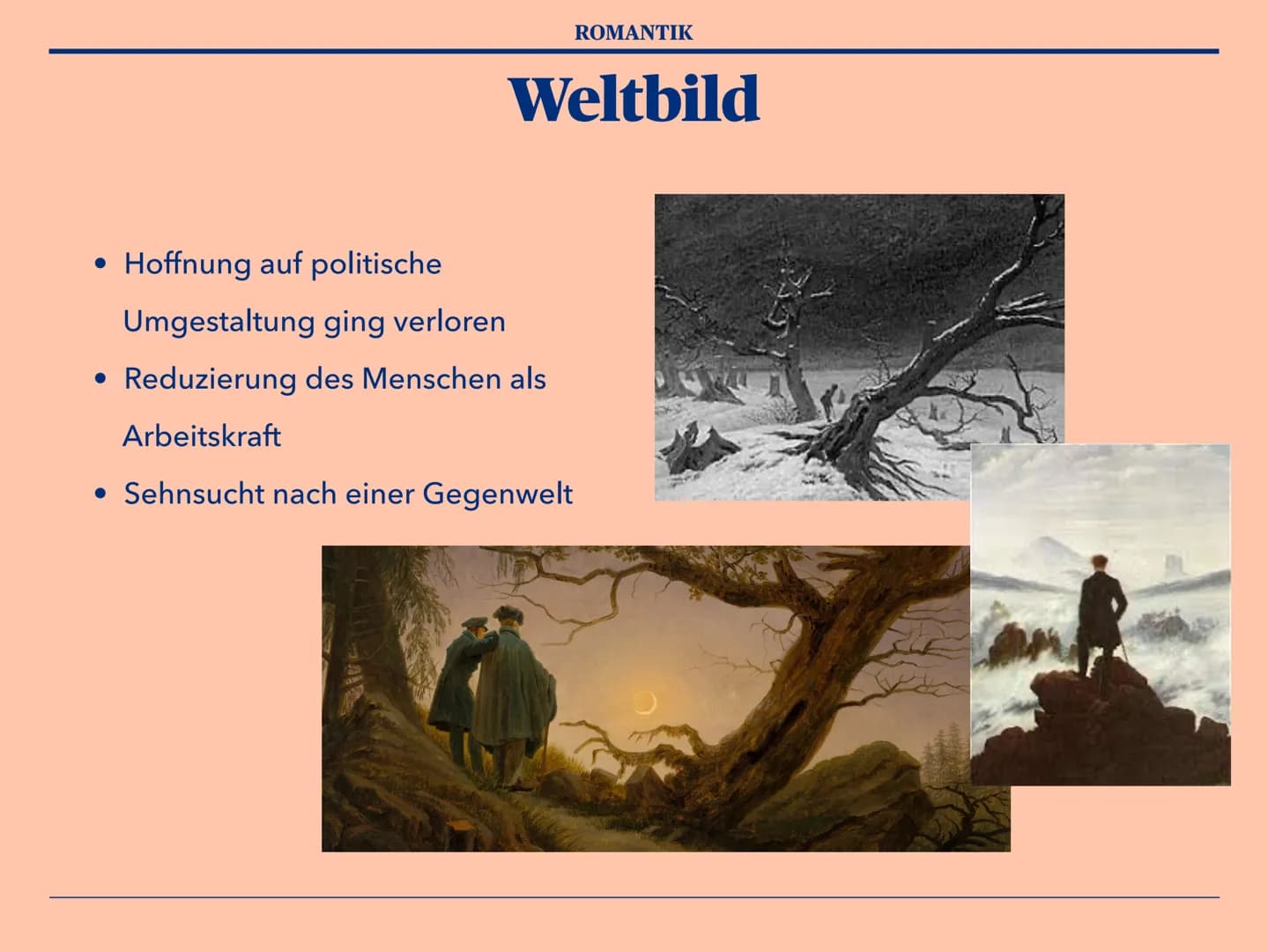 Epoche der
Romantik Gliederung
1. Definition ,,Romantik"
2. Zeitraum
3. Historischer Hintergrund
4. Weltbild
5. Themen / Motive
6. Form & Sp