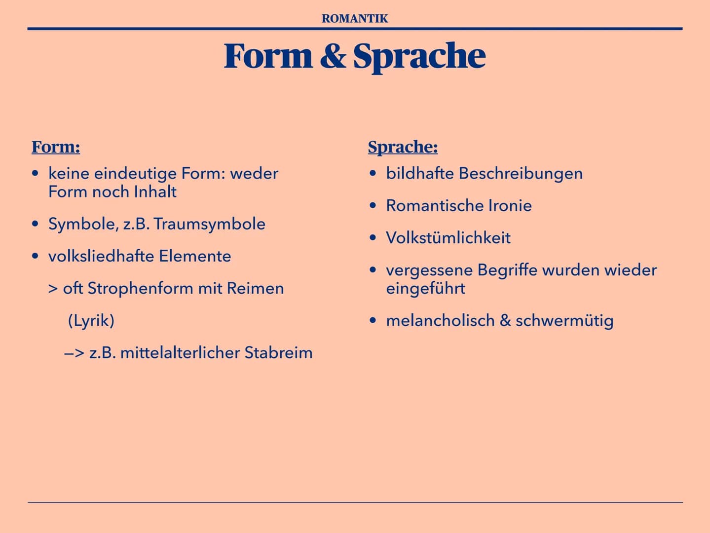 Epoche der
Romantik Gliederung
1. Definition ,,Romantik"
2. Zeitraum
3. Historischer Hintergrund
4. Weltbild
5. Themen / Motive
6. Form & Sp