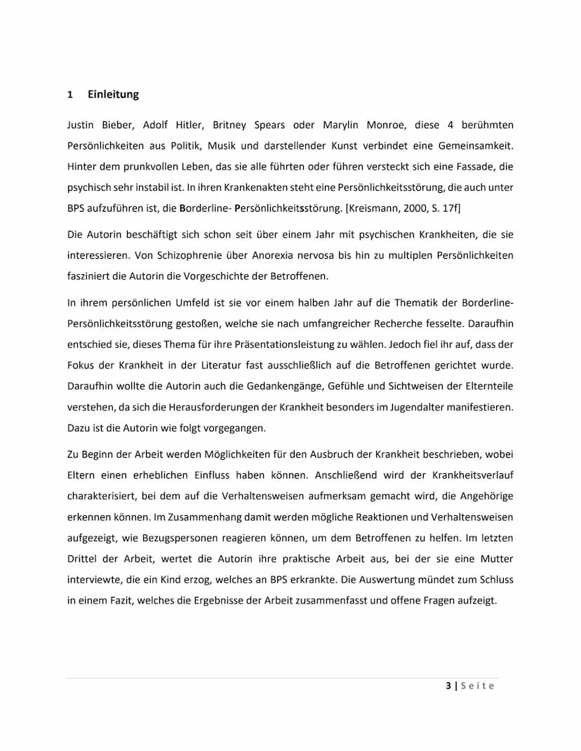 Inhaltsverzeichnis
1 Einleitung
2 Definition/ Begriffserklärung
3 Ausbruch der Krankheit
4
5
6
7
3.1 Die Wurzeln des Borderline-Syndroms
3.2