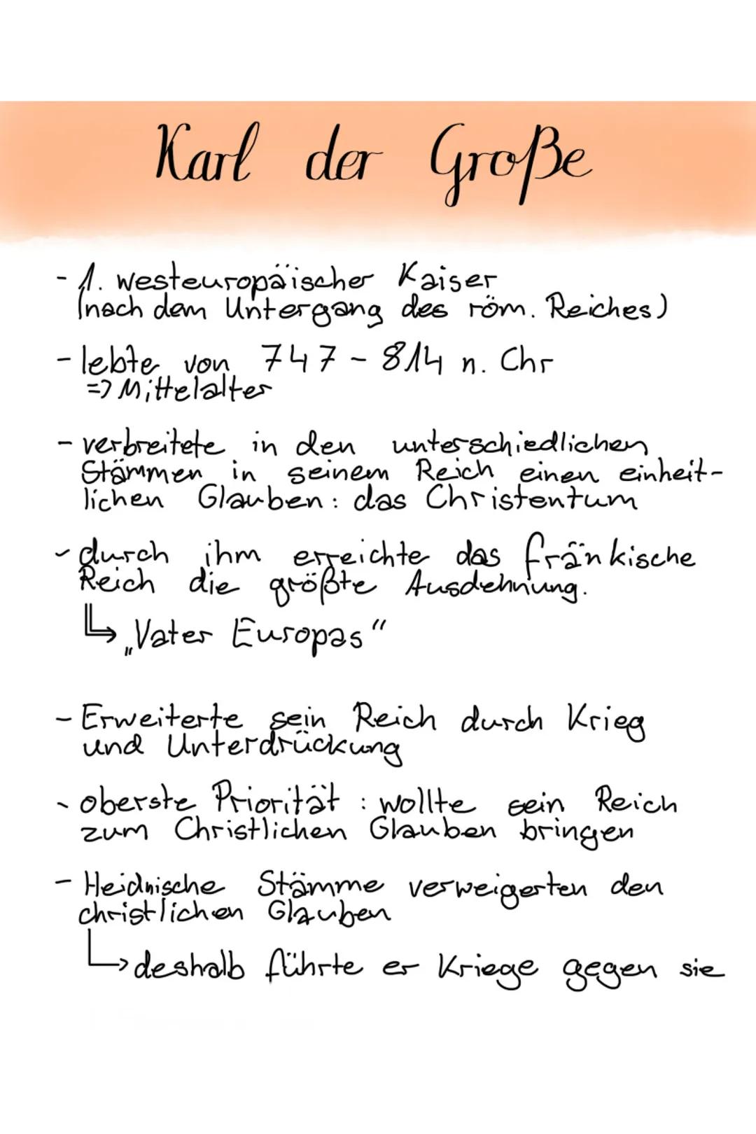 Karl der Große
1. Westeuropäischer Kaiser
Inach dem Untergang des röm. Reiches)
- lebte von 747 - 814 n. Chr
=> Mittelalter
- verbreitete in