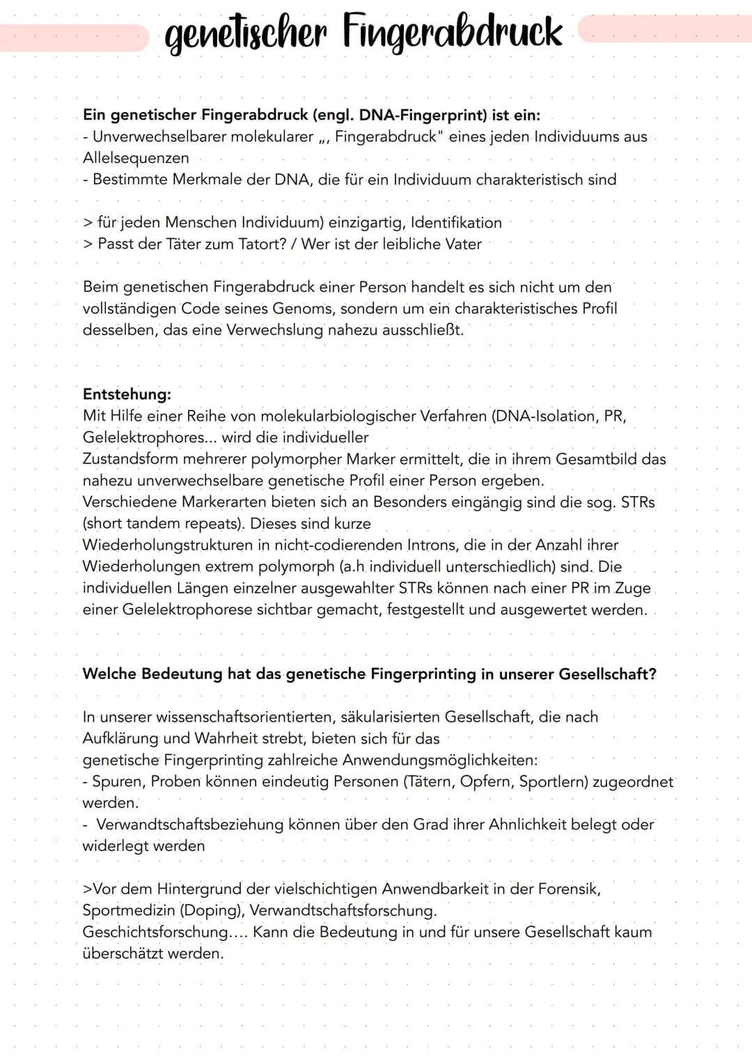 genetischer Fingerabdruck
Ein genetischer Fingerabdruck (engl. DNA-Fingerprint) ist ein:
- Unverwechselbarer molekularer, Fingerabdruck" ein