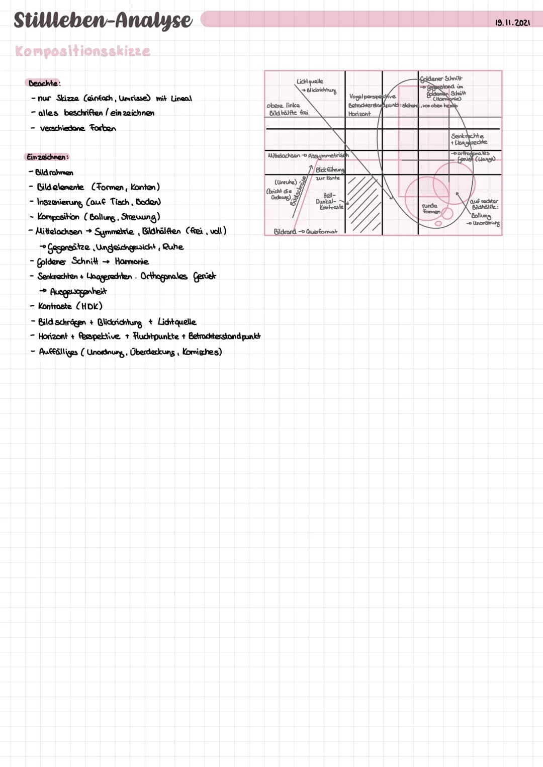 Stillleben-Analyse
Kompositionsskizze
Beachte:
- nur Skizze (einfach, Umrisse) mit Lineal
- alles beschriften / ein zeichnen
- verschiedene 