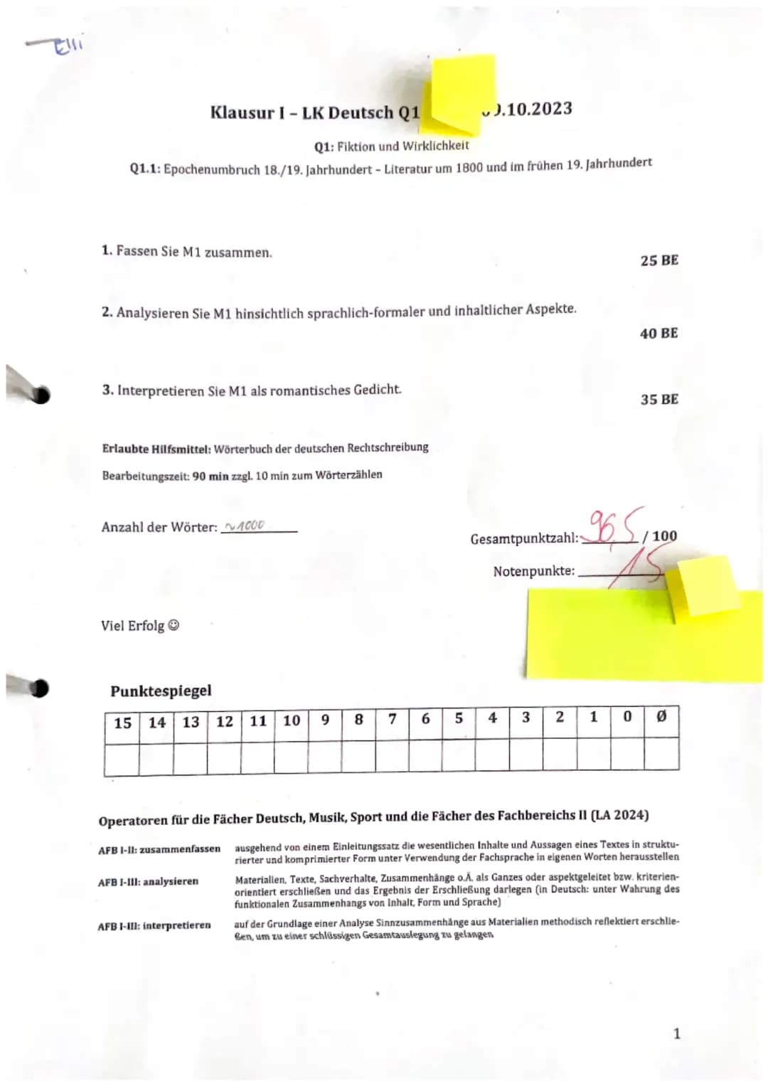 Elli
Klausur I-LK Deutsch Q1
Q1: Fiktion und Wirklichkeit
J.10.2023
Q1.1: Epochenumbruch 18./19. Jahrhundert - Literatur um 1800 und im früh