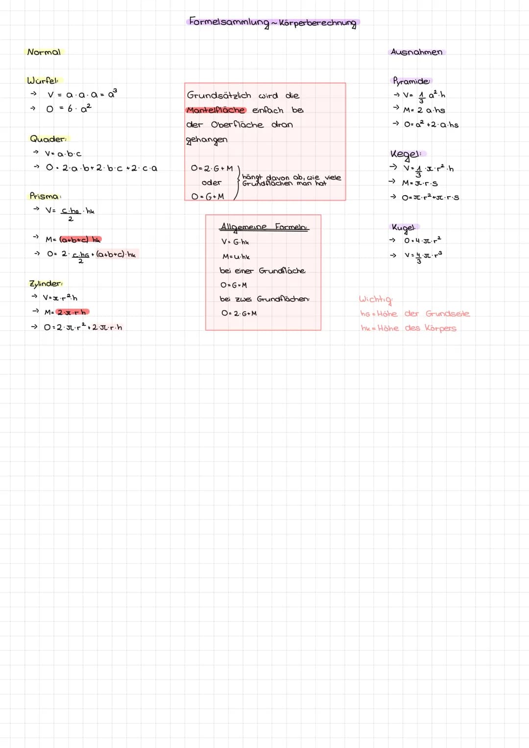 Normal
Würfel:
v=a·a·a=a³
0 = 6a²
Quader:
→V=a.b.c
→ 0·2·a·b+2·b·c +2.c.a
Prisma:
→V= c.he.hk
2
-> M= (a+b+c) hk
→ 0= 2 · che + (a+b+c).hk
Z