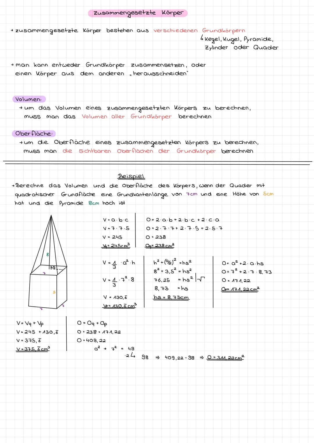 Normal
Würfel:
v=a·a·a=a³
0 = 6a²
Quader:
→V=a.b.c
→ 0·2·a·b+2·b·c +2.c.a
Prisma:
→V= c.he.hk
2
-> M= (a+b+c) hk
→ 0= 2 · che + (a+b+c).hk
Z