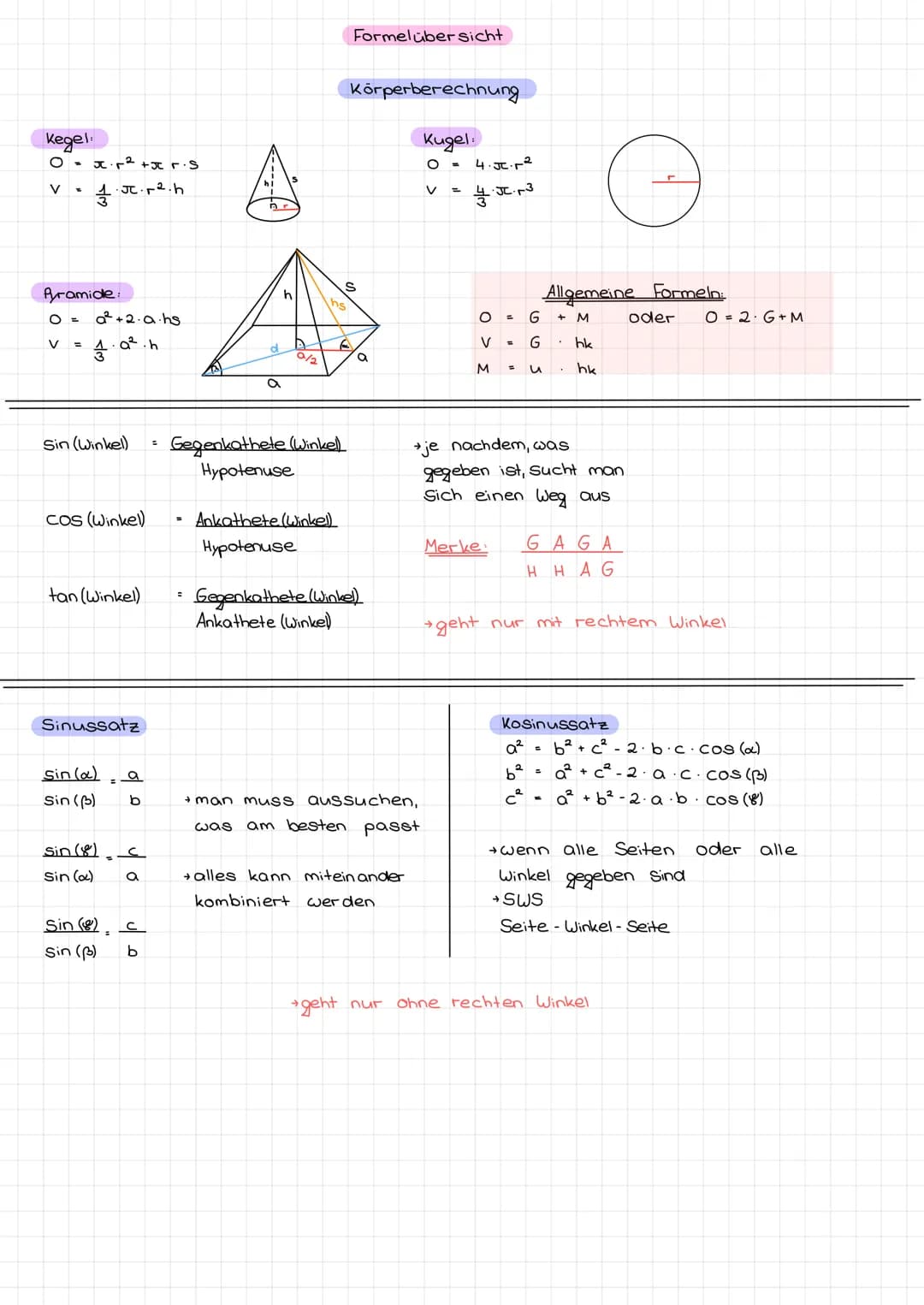 Normal
Würfel:
v=a·a·a=a³
0 = 6a²
Quader:
→V=a.b.c
→ 0·2·a·b+2·b·c +2.c.a
Prisma:
→V= c.he.hk
2
-> M= (a+b+c) hk
→ 0= 2 · che + (a+b+c).hk
Z