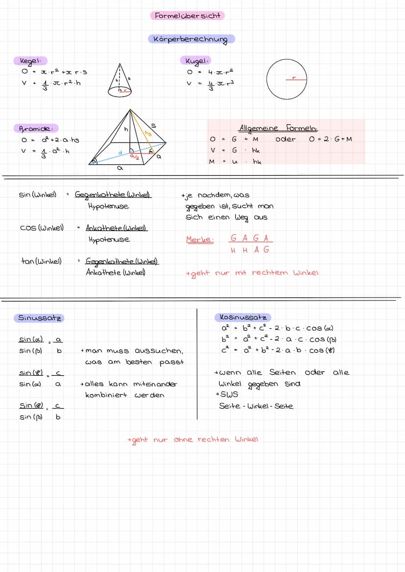 Normal
Würfel:
v=a·a·a=a³
0 = 6a²
Quader:
→V=a.b.c
→ 0·2·a·b+2·b·c +2.c.a
Prisma:
→V= c.he.hk
2
-> M= (a+b+c) hk
→ 0= 2 · che + (a+b+c).hk
Z