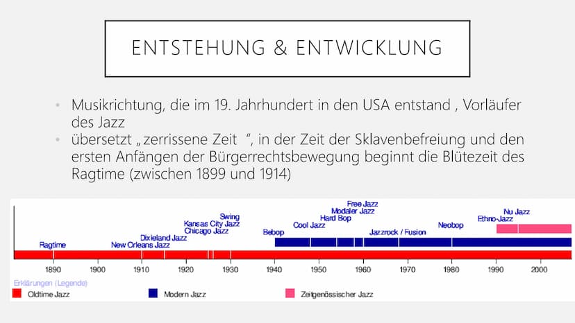 Ragtime Ragtime
1890
Musikrichtung, die im 19. Jahrhundert in den USA entstand, Vorläufer
des Jazz
ENTSTEHUNG & ENTWICKLUNG
übersetzt „, zer