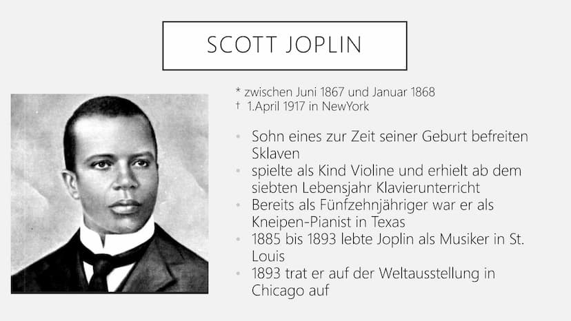 Ragtime Ragtime
1890
Musikrichtung, die im 19. Jahrhundert in den USA entstand, Vorläufer
des Jazz
ENTSTEHUNG & ENTWICKLUNG
übersetzt „, zer