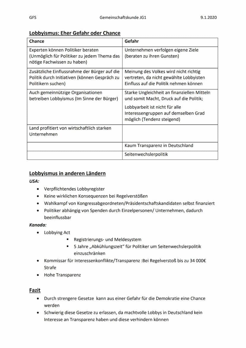 GFS
Allgemeines
Definition: Der Versuch gesellschaftlicher Interessengruppen, auf politische
Entscheidungsträger einzuwirken und ihre Intere