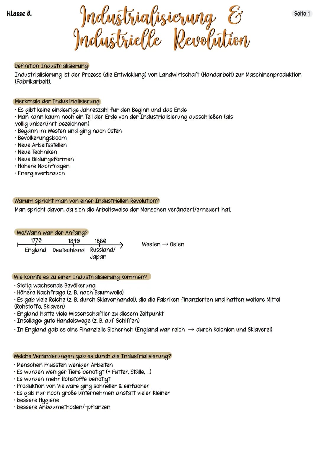 Klasse 8.
Industrialisierung &
Industrielle Revolution
Definition Industrialisierung:
Industrialisierung ist der Prozess (die Entwicklung) v