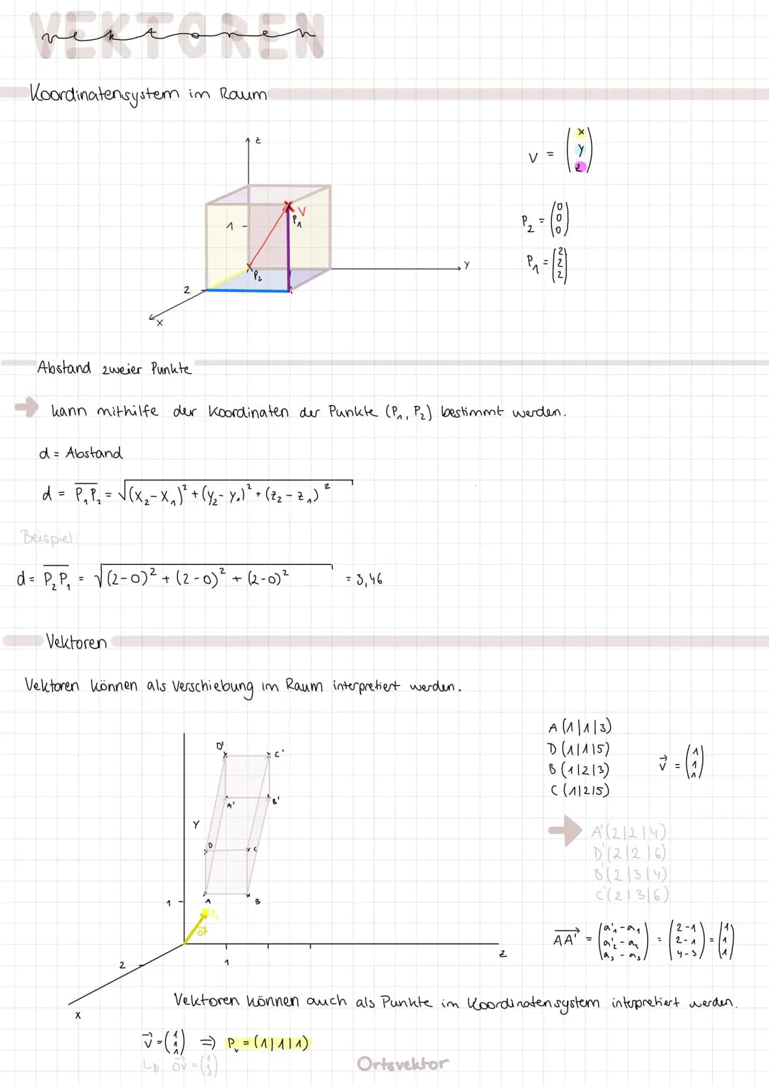 resionen
Koordinatensystem im Raum
Abstand zweier Punkte
-X
Vektoren
2
X
d= Abstand
d = P₁ P₂ = √√(x₂ − × ₁ )² + (Y/₂ - Y₁) ³² + (z ₂ − z ₂ 