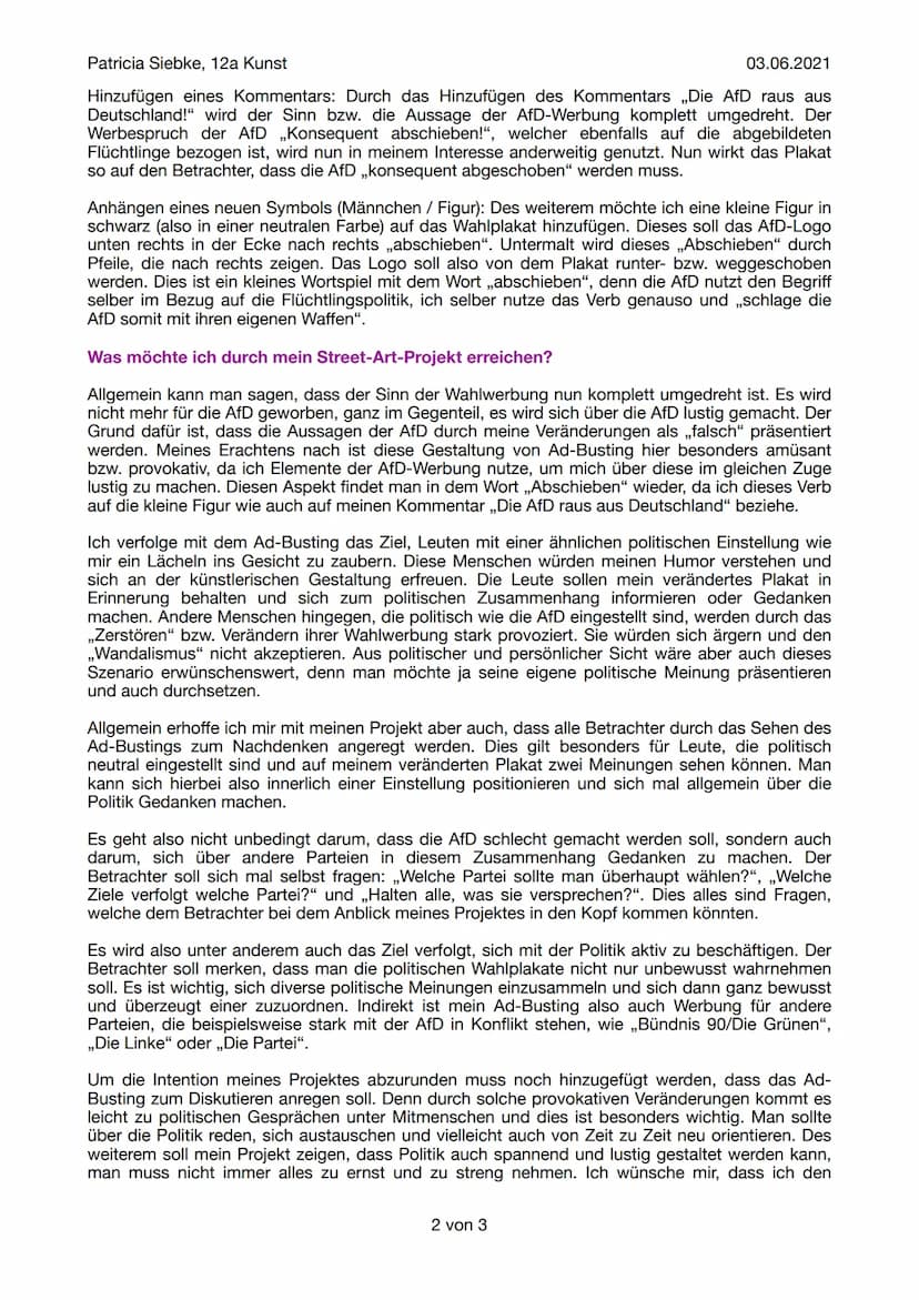 Patricia Siebke, 12a Kunst
Street-Art-Projekt
03.06.2021
Einleitung:
Zur Zeit befassen wir uns im Kunstunterricht der 12. Klasse mit dem int