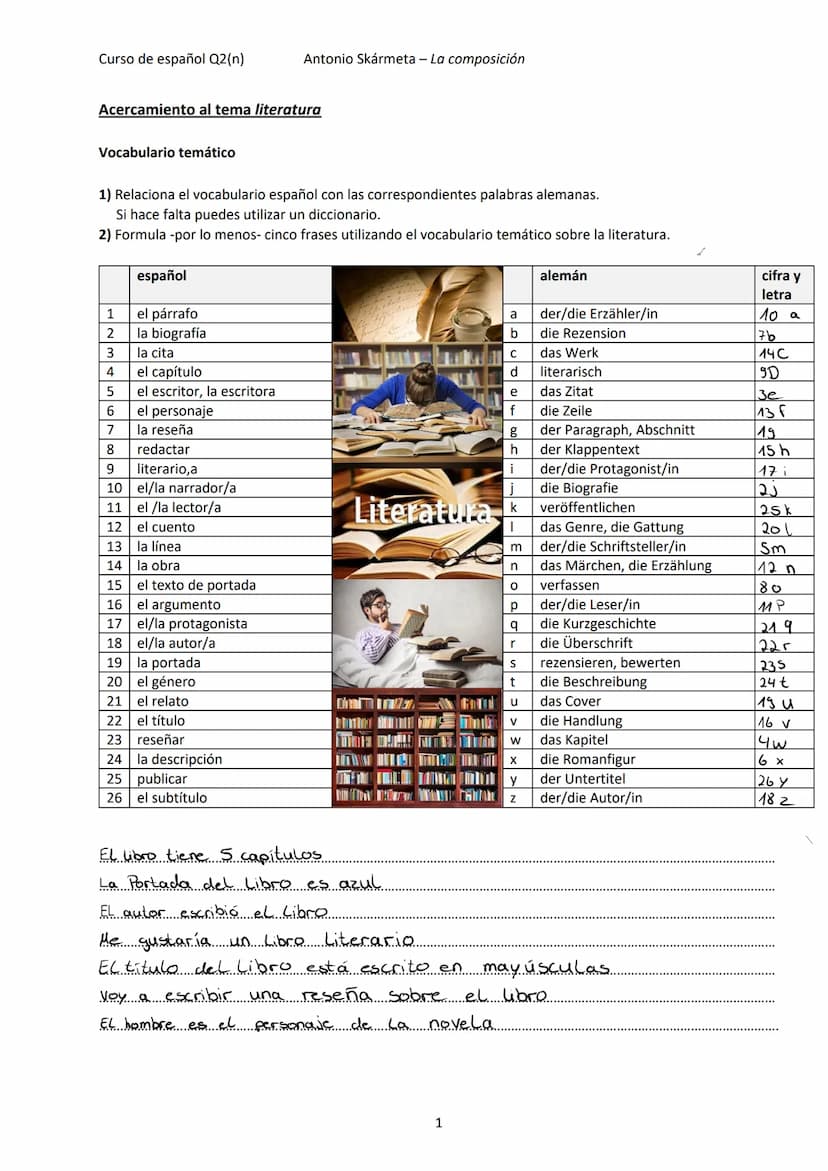  Curso de español Q2(n)
Acercamiento al tema literatura
Vocabulario temático
1) Relaciona el vocabulario español con las correspondientes pa