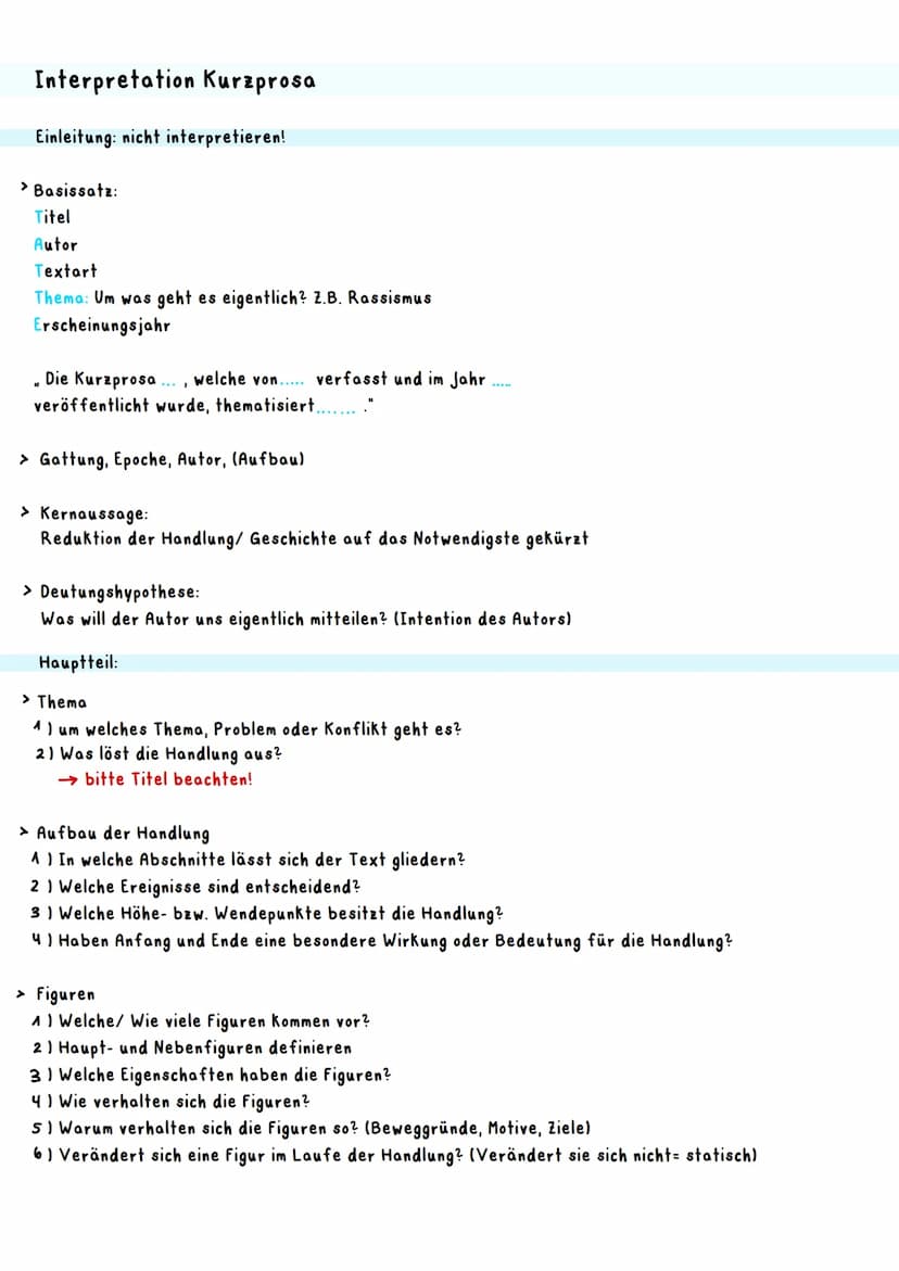 Interpretation Kurzprosa
Einleitung: nicht interpretieren!
> Basissatz:
Titel
Autor
Textart
Thema: Um was geht es eigentlich? Z.B. Rassismus
