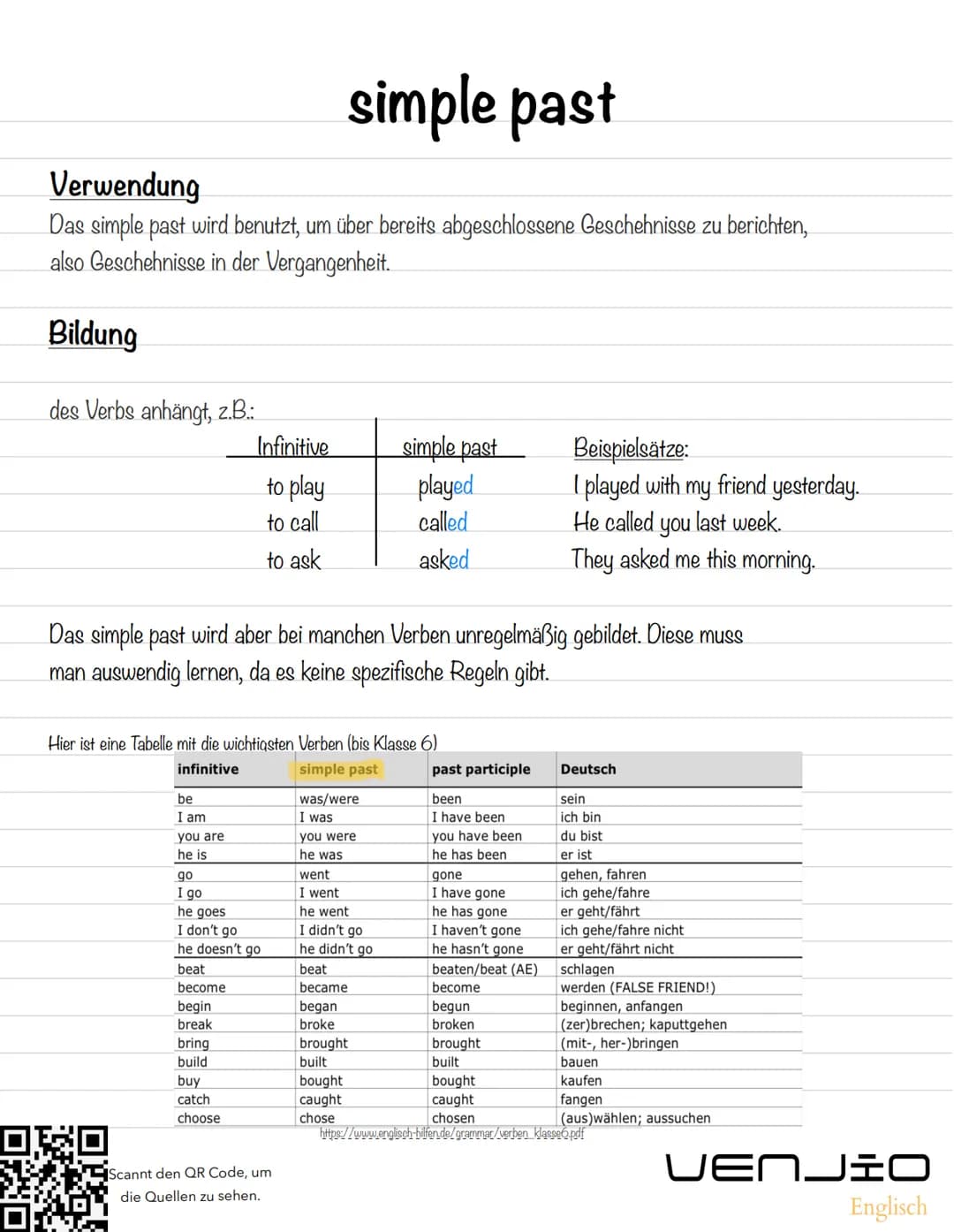 simple past
Verwendung
Das simple past wird benutzt, um über bereits abgeschlossene Geschehnisse zu berichten,
also Geschehnisse in der Verg