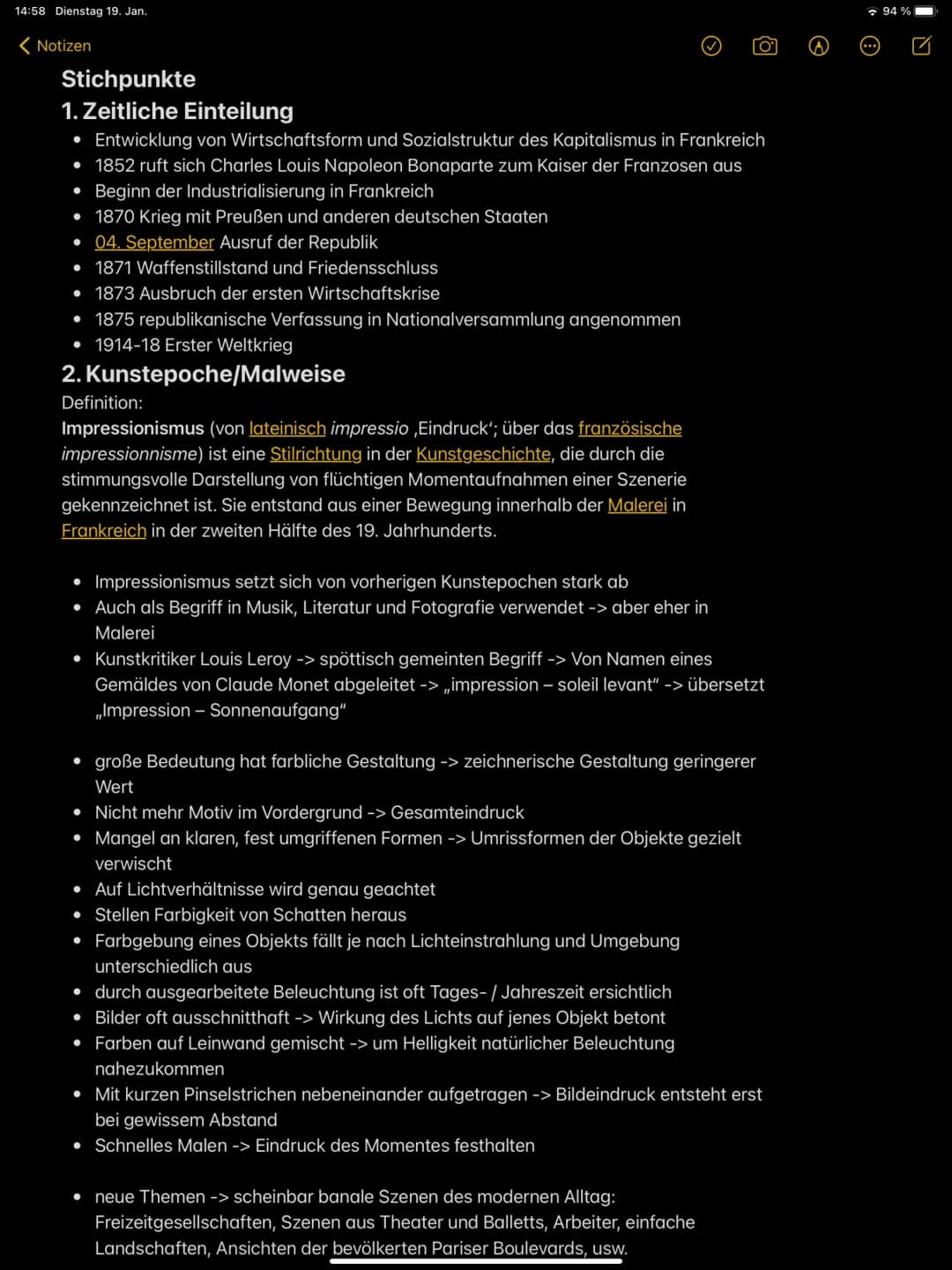 IMPRESSIONISMUS
JASMIN ERK A22DE1 14:58 Dienstag 19. Jan.
Notizen
Stichpunkte
1. Zeitliche Einteilung
• Entwicklung von Wirtschaftsform und 