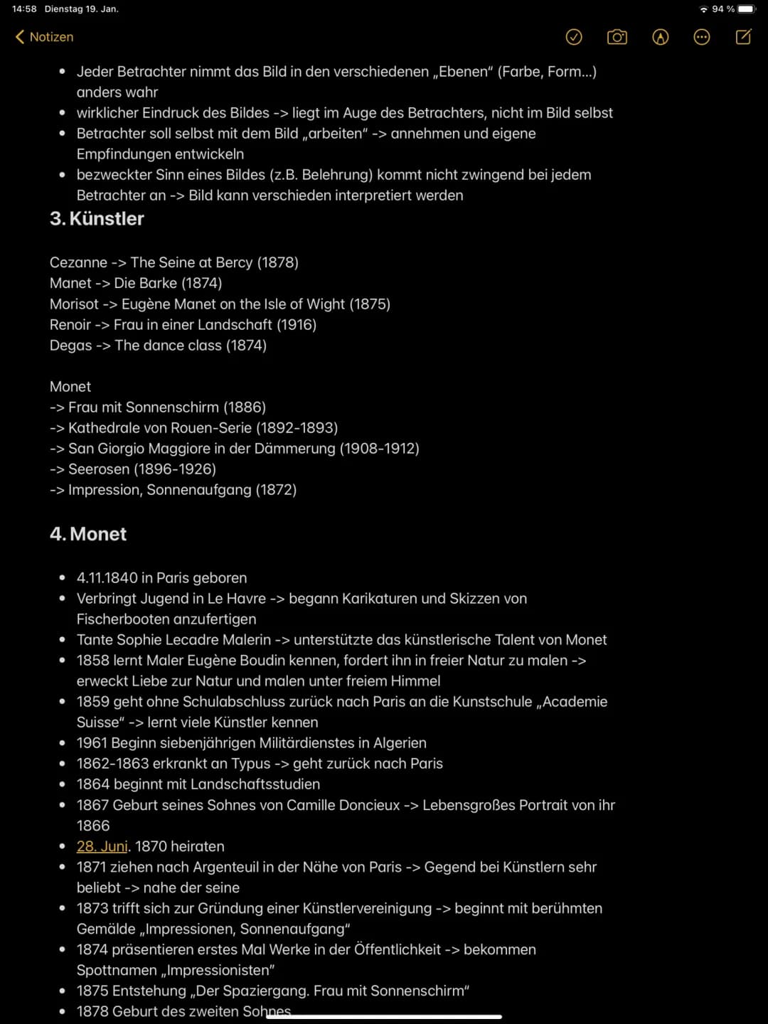 IMPRESSIONISMUS
JASMIN ERK A22DE1 14:58 Dienstag 19. Jan.
Notizen
Stichpunkte
1. Zeitliche Einteilung
• Entwicklung von Wirtschaftsform und 