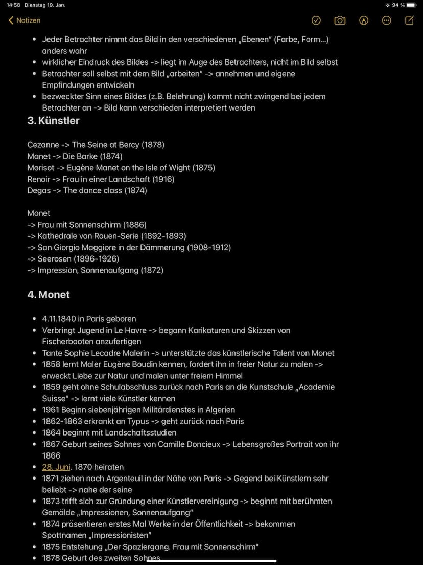 IMPRESSIONISMUS
JASMIN ERK A22DE1 14:58 Dienstag 19. Jan.
Notizen
Stichpunkte
1. Zeitliche Einteilung
• Entwicklung von Wirtschaftsform und 