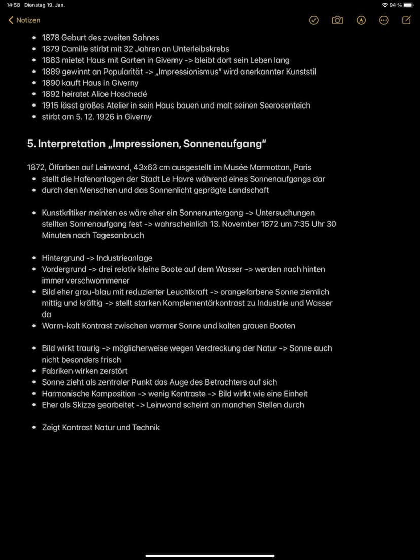 IMPRESSIONISMUS
JASMIN ERK A22DE1 14:58 Dienstag 19. Jan.
Notizen
Stichpunkte
1. Zeitliche Einteilung
• Entwicklung von Wirtschaftsform und 