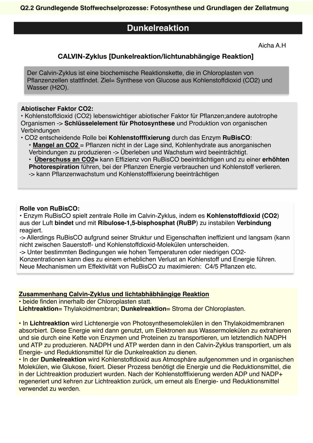 Q2.2 Grundlegende Stoffwechselprozesse: Fotosynthese und Grundlagen der Zellatmung
Dunkelreaktion
CALVIN-Zyklus [Dunkelreaktion/lichtunabhän