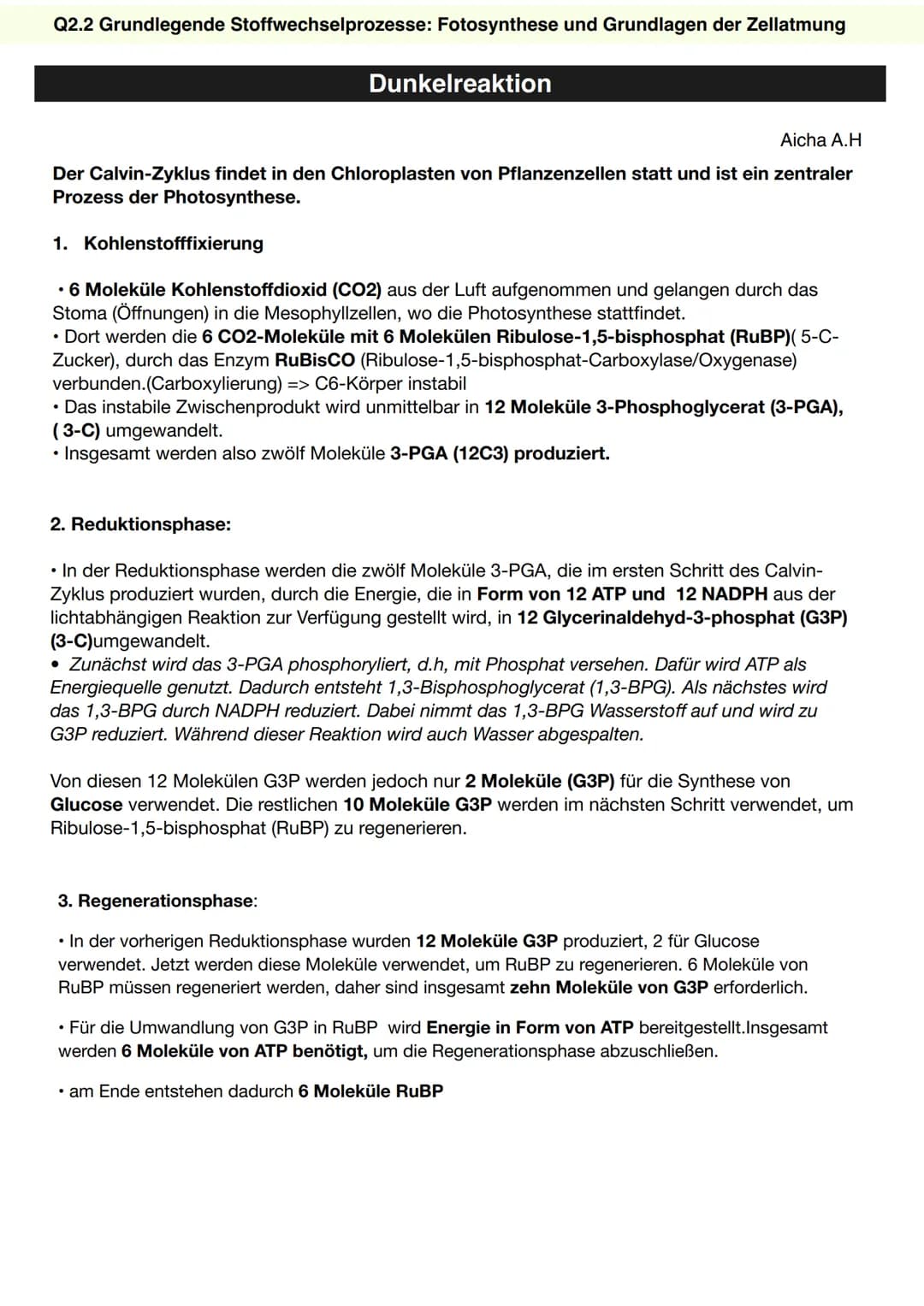 Q2.2 Grundlegende Stoffwechselprozesse: Fotosynthese und Grundlagen der Zellatmung
Dunkelreaktion
CALVIN-Zyklus [Dunkelreaktion/lichtunabhän
