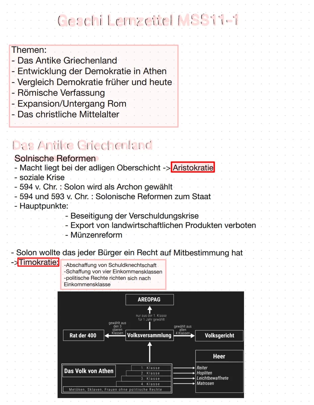 Geschi Lerzettel MSS11-1
Themen:
Das Antike Griechenland
- Entwicklung der Demokratie in Athen
- Vergleich Demokratie früher und heute
- Röm