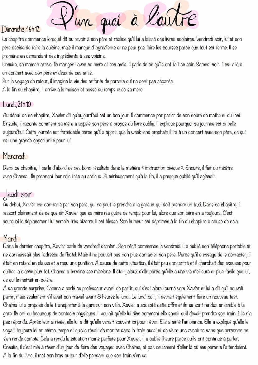 
<h2 id="chapitre1">Chapitre 1</h2>
<p>Dimanche soir, 19h.57<br />
Dans le premier chapitre, Xavier attend sa mère à la gare et raconte comm