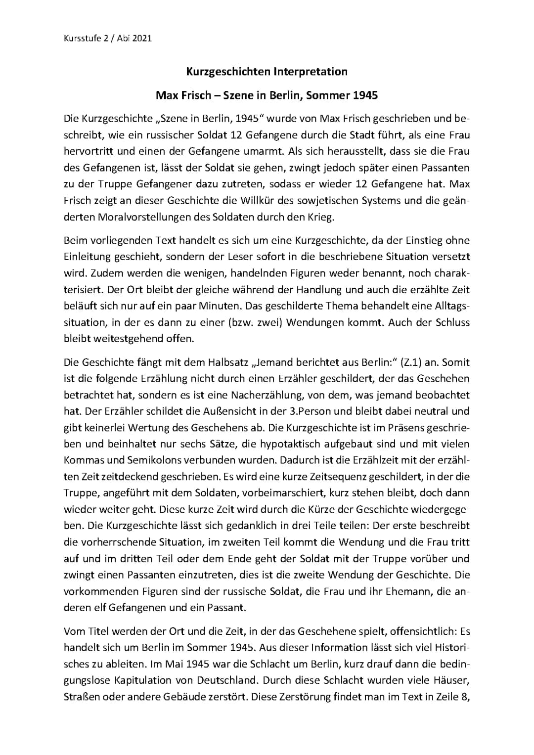 Max Frisch Kurzgeschichten - Szene in Berlin Sommer 1945 Analyse