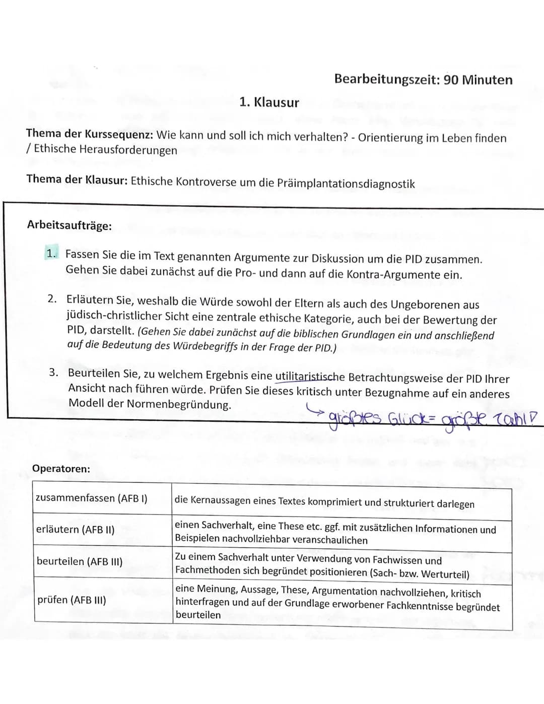 Thema der Klausur: Ethische Kontroverse um die Präimplantationsdiagnostik
Aufgabe 1 (Anforderungsbereich I)
Anforderungen
Der Schüler/die Sc