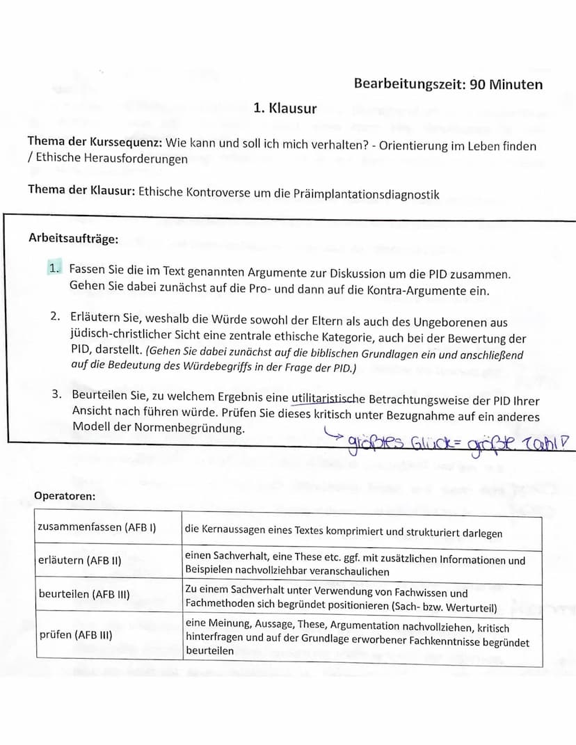 Thema der Klausur: Ethische Kontroverse um die Präimplantationsdiagnostik
Aufgabe 1 (Anforderungsbereich I)
Anforderungen
Der Schüler/die Sc