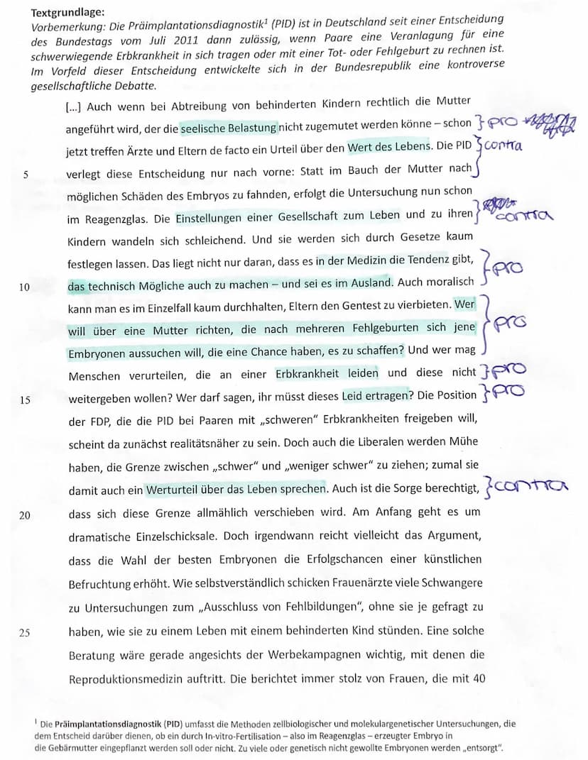 Thema der Klausur: Ethische Kontroverse um die Präimplantationsdiagnostik
Aufgabe 1 (Anforderungsbereich I)
Anforderungen
Der Schüler/die Sc