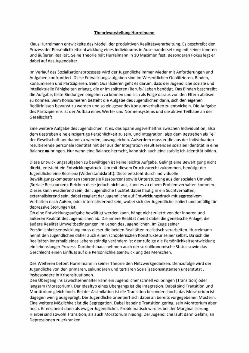
<p>Die persönliche Entwicklung hängt von der inneren und äußeren Realität sowie deren Verarbeitung ab. Klaus Hurrelmanns Modell der produkt