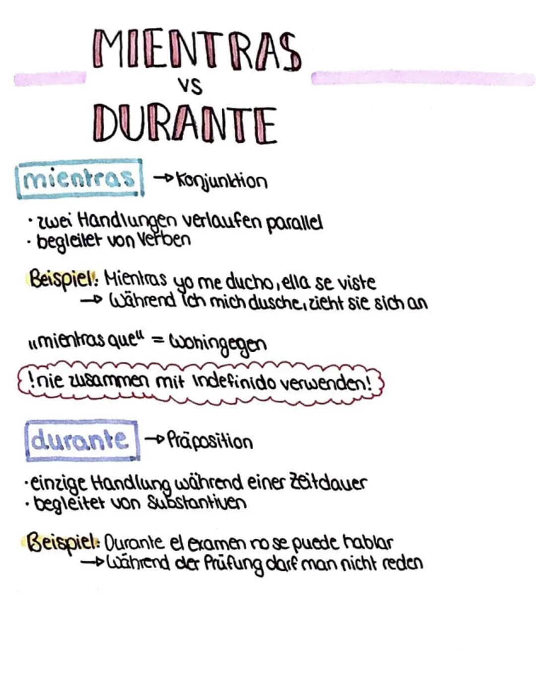 MIENTRAS
VS
DURANTE
mientras konjunktion
•zwei Handlungen verlaufen parallel
•begleitet von Verben
Beispiel: Mientras yo me ducho, ella se v