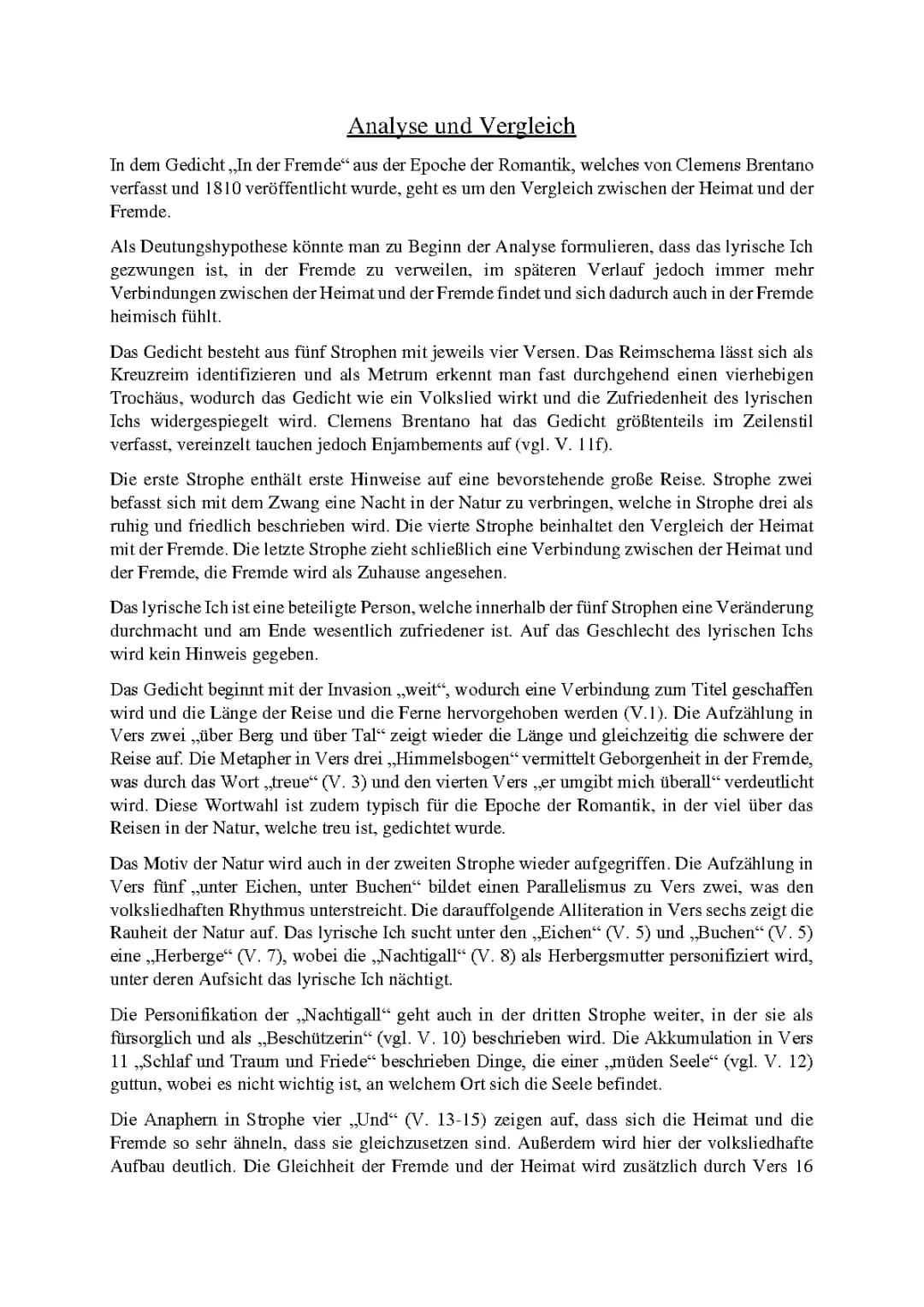 Vergleich der Gedichte 'In der Fremde' von Brentano und 'Mit leichtem Gepäck' von Hilde Domin