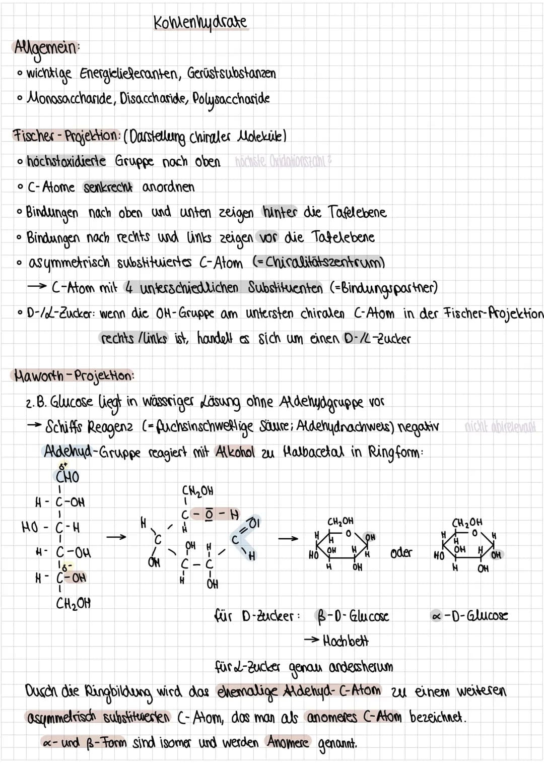 Allgemein
• wichtige Energielieferanten, Gerüstsubstanzen
Monosaccharide, Disaccharide, Polysaccharide
O
Fischer-Projektion: (Darstellung ch