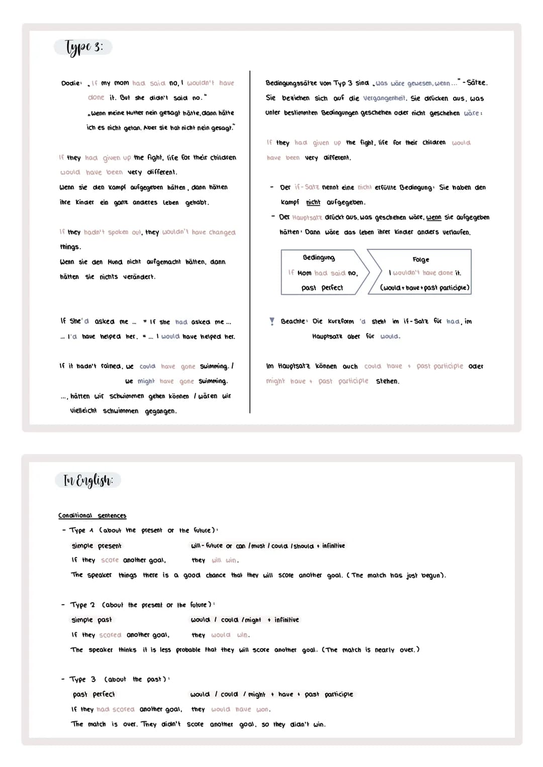 Conditional Sentences
type 1:
If Dad plays the banjo again, I'll go crazy.
Wenn Dad noch einmal Banjo spielt, werde ich verrückt.
If I ever 