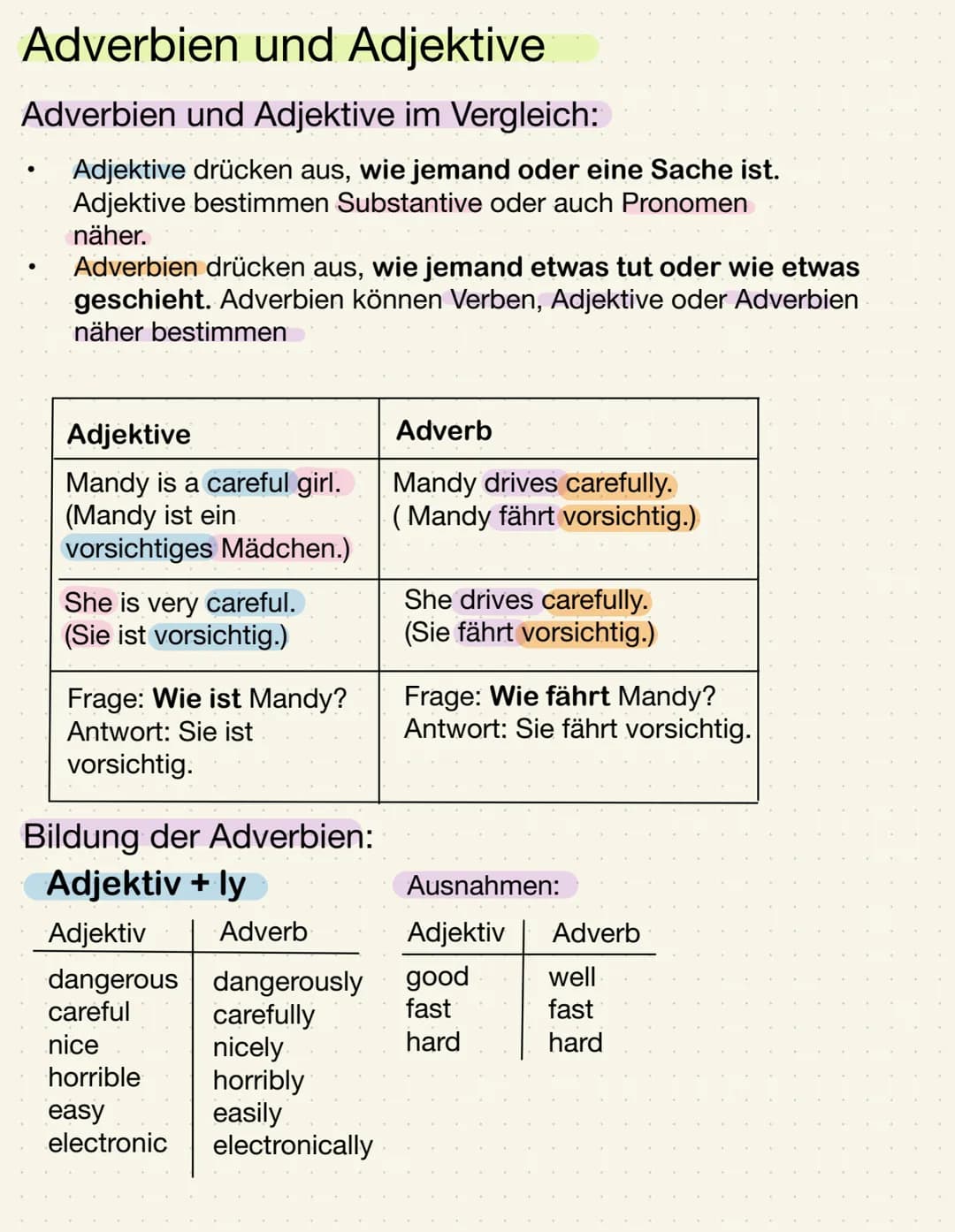Adverbien und Adjektive
Adverbien und Adjektive im Vergleich:
Adjektive drücken aus, wie jemand oder eine Sache ist.
Adjektive bestimmen Sub