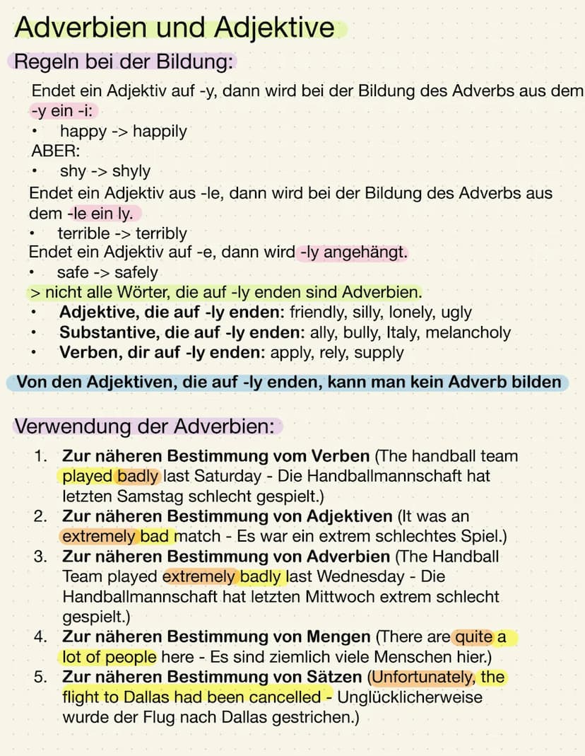 Adverbien und Adjektive
Adverbien und Adjektive im Vergleich:
Adjektive drücken aus, wie jemand oder eine Sache ist.
Adjektive bestimmen Sub