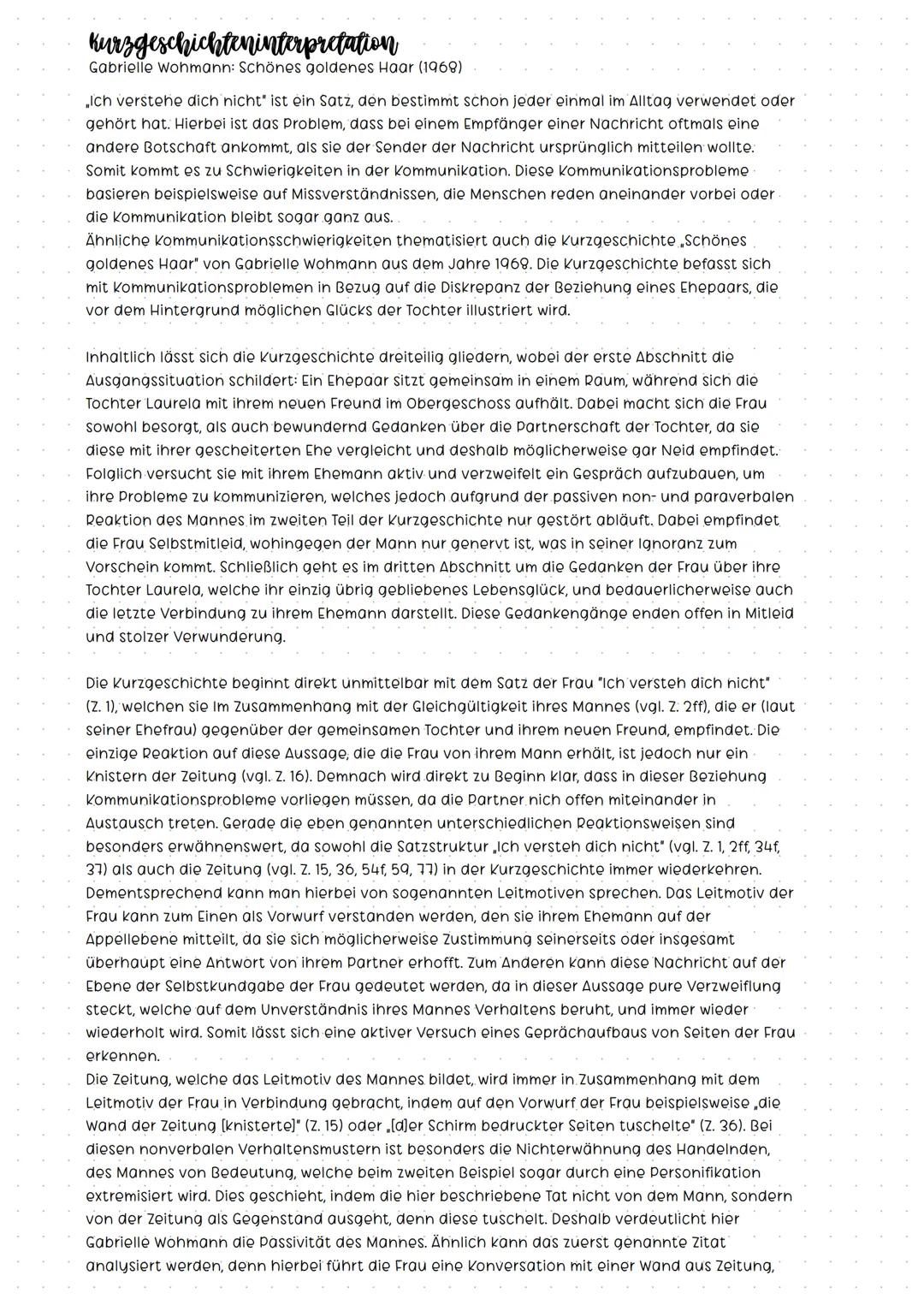 Kurzgeschichteninterpretation
Gabrielle Wohmann: Schönes goldenes Haar (1968)
„Ich verstehe dich nicht" ist ein Satz, den bestimmt schon jed